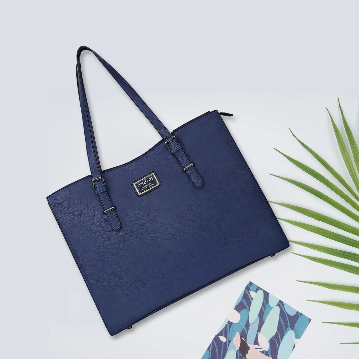 MOSISO Laptop Bag for Women Compatible with MacBook Air 15 inch M3 M2 /Pro 16 M4 M3 M2 M1, 15-15.6 inch Notebook, Waterproof PU Leather Curved Tote Bag Work Briefcase with Small Pouch, Navy Blue
