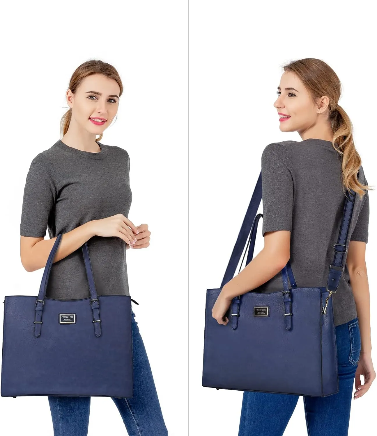 MOSISO Laptop Bag for Women Compatible with MacBook Air 15 inch M3 M2 /Pro 16 M4 M3 M2 M1, 15-15.6 inch Notebook, Waterproof PU Leather Curved Tote Bag Work Briefcase with Small Pouch, Navy Blue