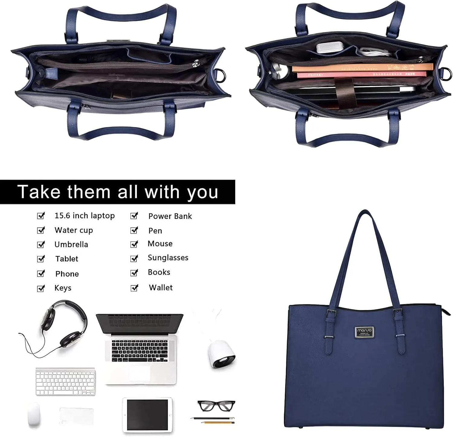 MOSISO Laptop Bag for Women Compatible with MacBook Air 15 inch M3 M2 /Pro 16 M4 M3 M2 M1, 15-15.6 inch Notebook, Waterproof PU Leather Curved Tote Bag Work Briefcase with Small Pouch, Navy Blue