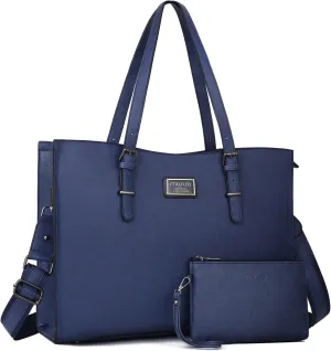 MOSISO Laptop Bag for Women Compatible with MacBook Air 15 inch M3 M2 /Pro 16 M4 M3 M2 M1, 15-15.6 inch Notebook, Waterproof PU Leather Curved Tote Bag Work Briefcase with Small Pouch, Navy Blue