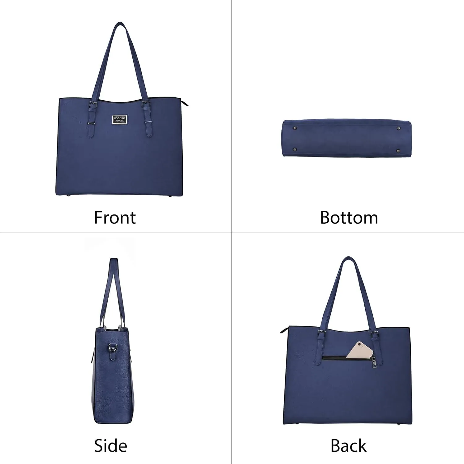 MOSISO Laptop Bag for Women Compatible with MacBook Air 15 inch M3 M2 /Pro 16 M4 M3 M2 M1, 15-15.6 inch Notebook, Waterproof PU Leather Curved Tote Bag Work Briefcase with Small Pouch, Navy Blue