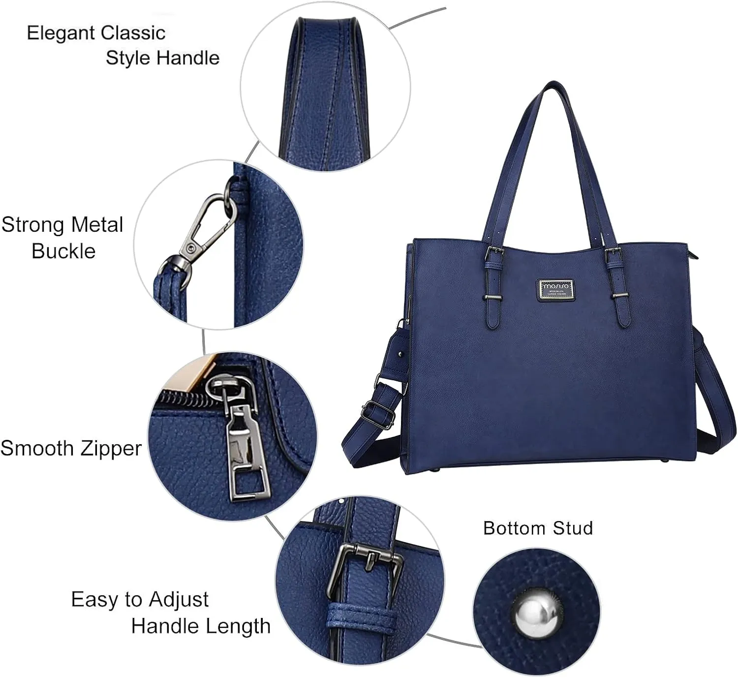 MOSISO Laptop Bag for Women Compatible with MacBook Air 15 inch M3 M2 /Pro 16 M4 M3 M2 M1, 15-15.6 inch Notebook, Waterproof PU Leather Curved Tote Bag Work Briefcase with Small Pouch, Navy Blue