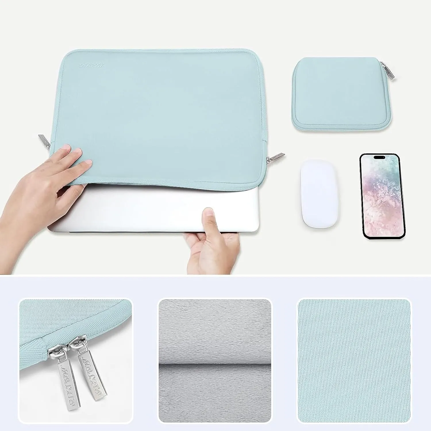 MOSISO Laptop Case 13.3 inch, 13-13.3 inch Laptop Sleeve Bag Compatible with MacBook Air/Pro 13 / Pro 14, HP Dell ASUS Lenovo Notebook, Neoprene Computer Sleeve Bag with Small Case, Mint Green