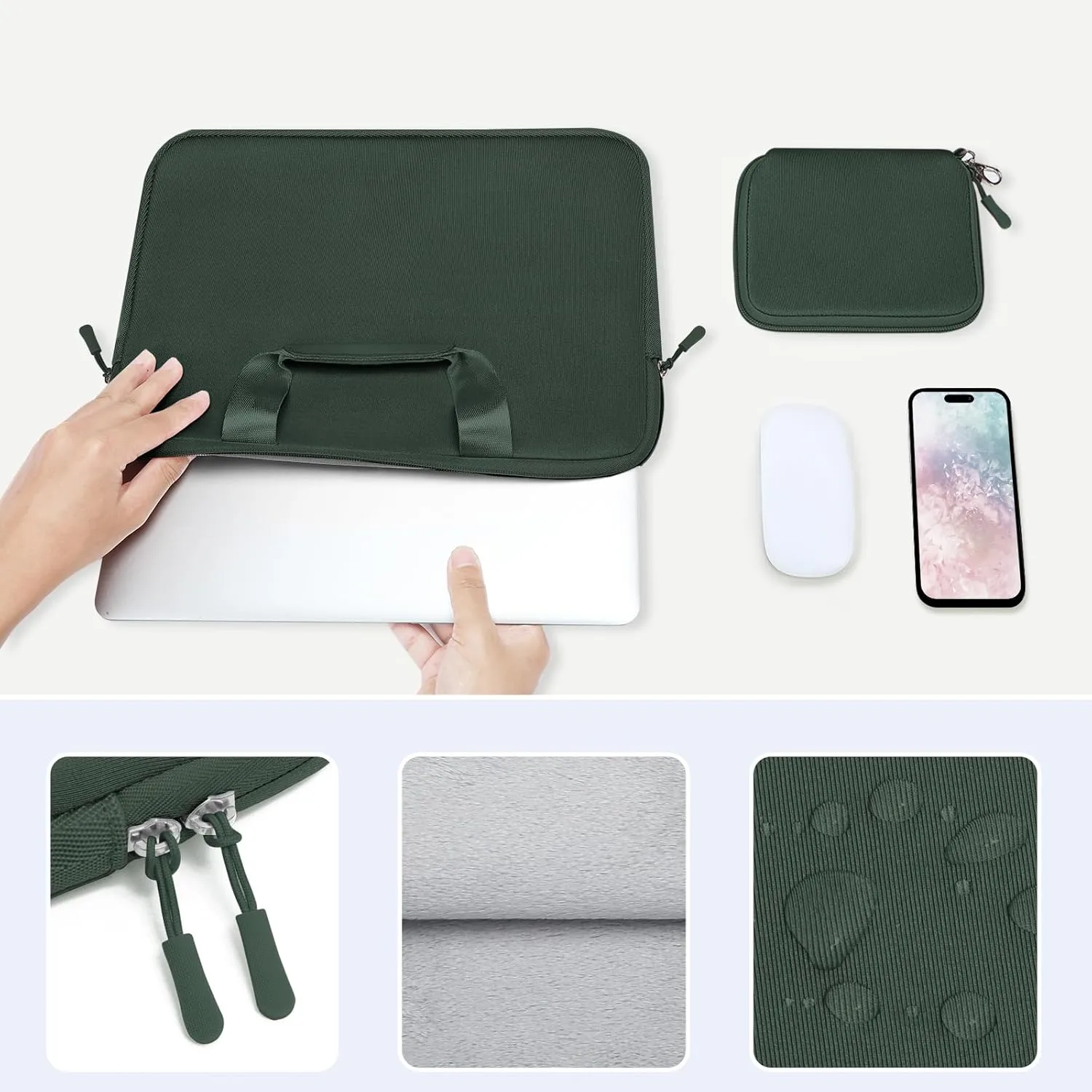 MOSISO Laptop Case 13.3 inch, 13-13.3 inch Laptop Sleeve Bag Compatible with MacBook Air/Pro 13 / Pro 14, HP Dell ASUS, Neoprene Carrying Computer Bag with Handle&Detachable Small Case, Emerald Green