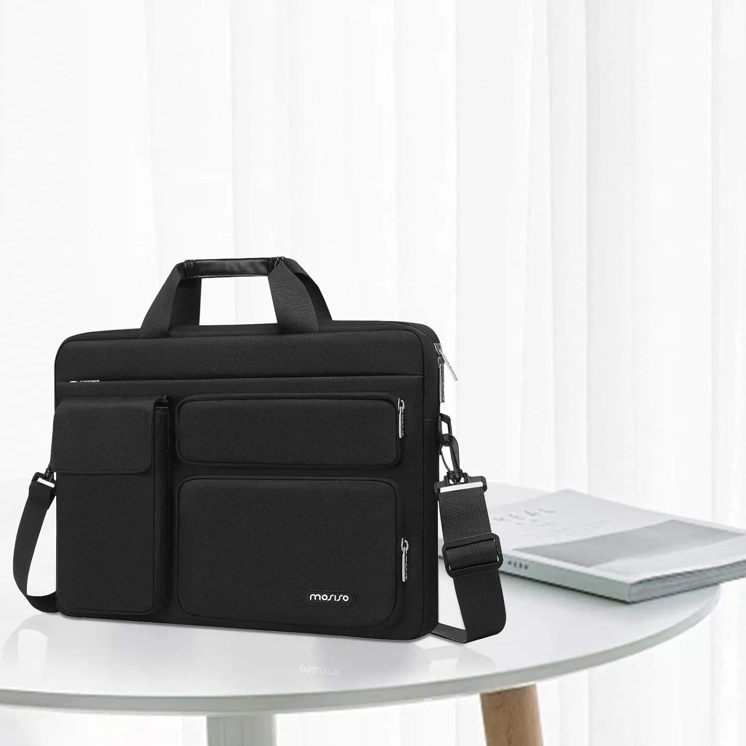 MOSISO Laptop Shoulder Bag Compatible with 17-17.3 inch Dell XPS/HP Pavilion/Ideapad/Acer/Alienware/HP Omen with 2 Raised&1 Flapover&1 Horizontal Pocket&Handle&Belt, Black