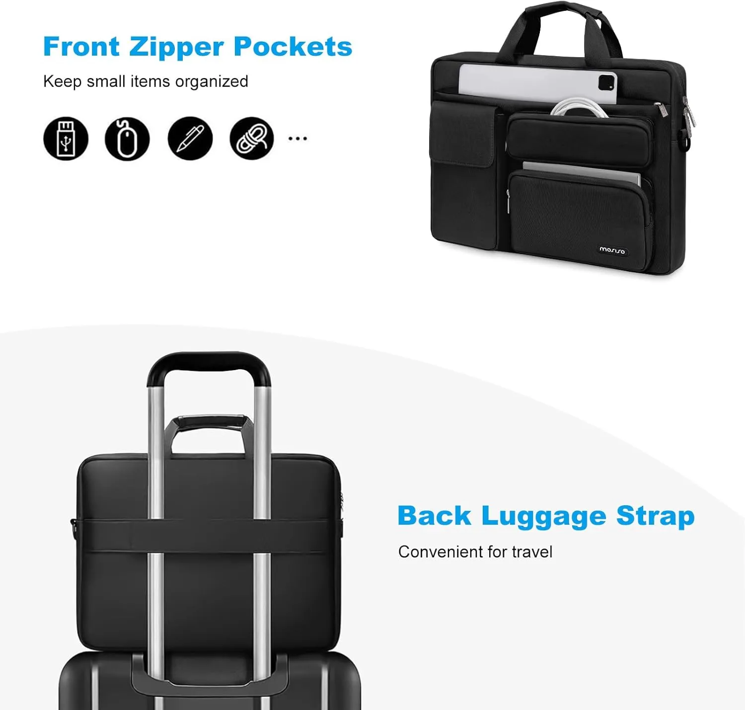 MOSISO Laptop Shoulder Bag Compatible with 17-17.3 inch Dell XPS/HP Pavilion/Ideapad/Acer/Alienware/HP Omen with 2 Raised&1 Flapover&1 Horizontal Pocket&Handle&Belt, Black