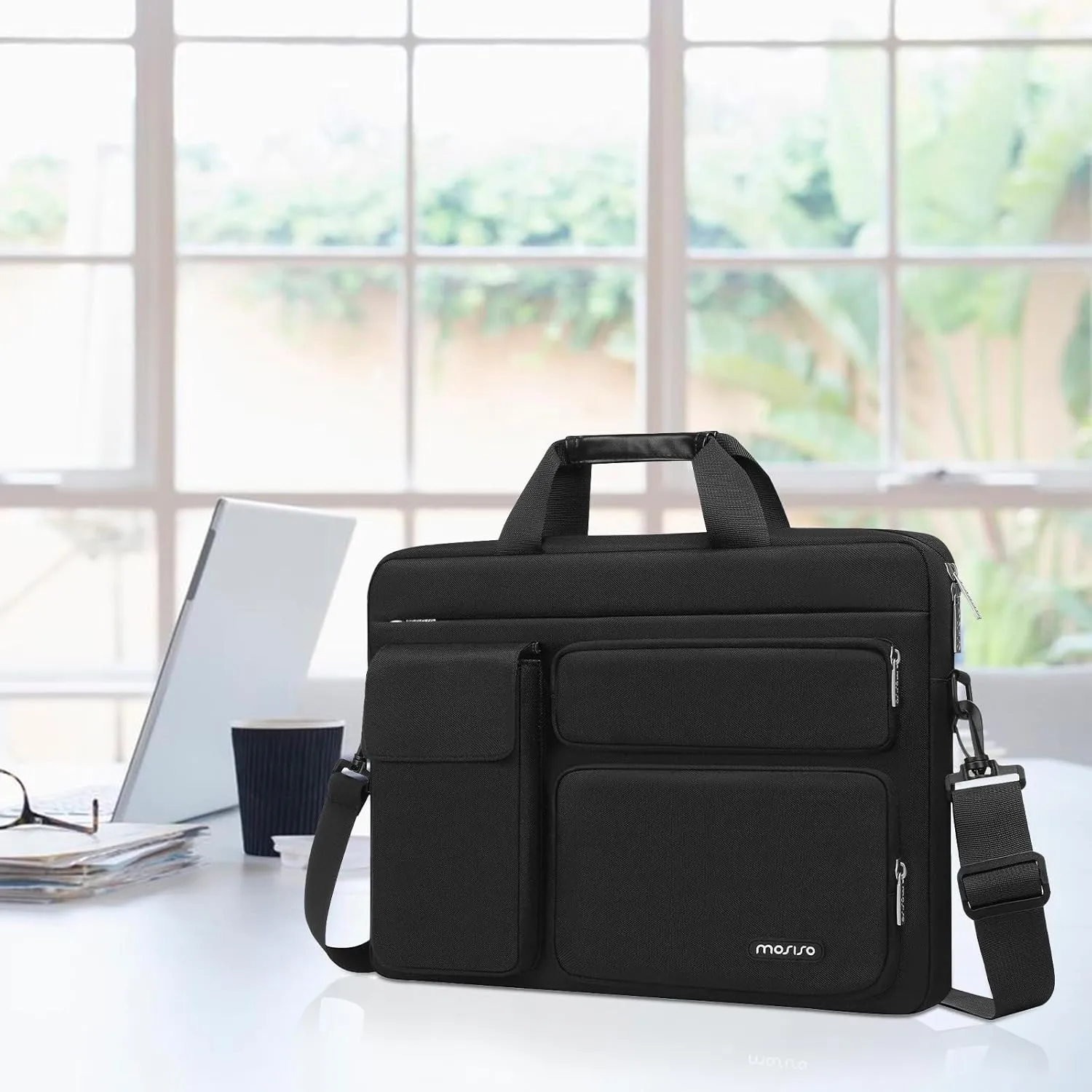 MOSISO Laptop Shoulder Bag Compatible with 17-17.3 inch Dell XPS/HP Pavilion/Ideapad/Acer/Alienware/HP Omen with 2 Raised&1 Flapover&1 Horizontal Pocket&Handle&Belt, Black