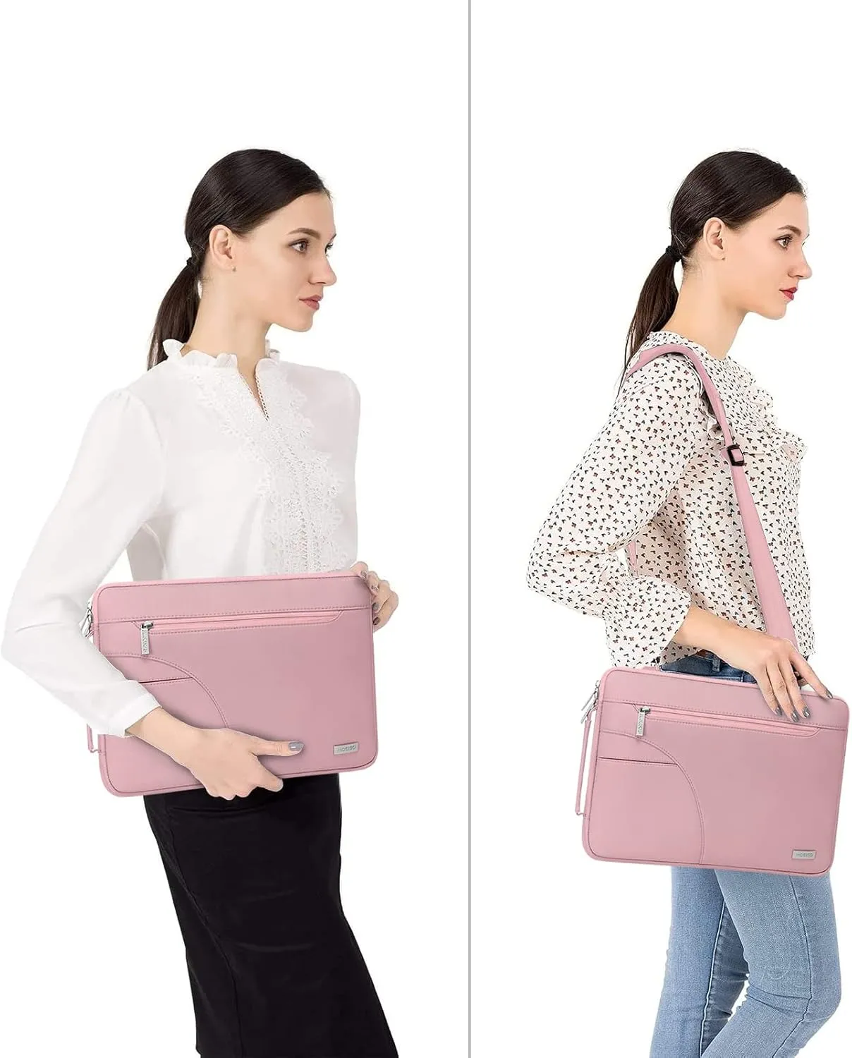 MOSISO Laptop Shoulder Bag Compatible with MacBook Air 15 inch M2 A2941 2023 / Pro 15 A1990 A1707, 15 inch Surface Laptop 5/4/3, HP Stream 14, Polyester Briefcase Sleeve with Side Handle, Pink