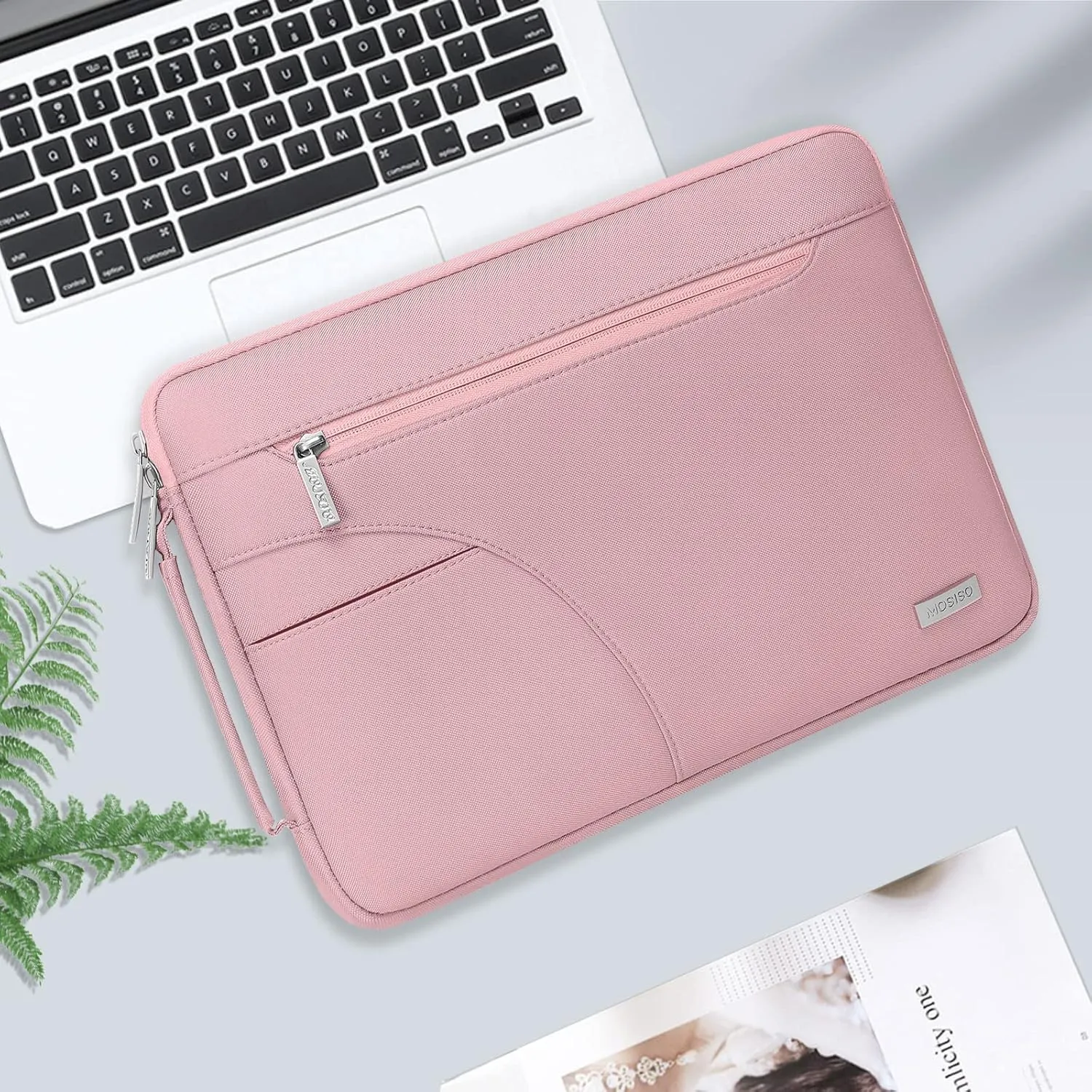 MOSISO Laptop Shoulder Bag Compatible with MacBook Air 15 inch M2 A2941 2023 / Pro 15 A1990 A1707, 15 inch Surface Laptop 5/4/3, HP Stream 14, Polyester Briefcase Sleeve with Side Handle, Pink