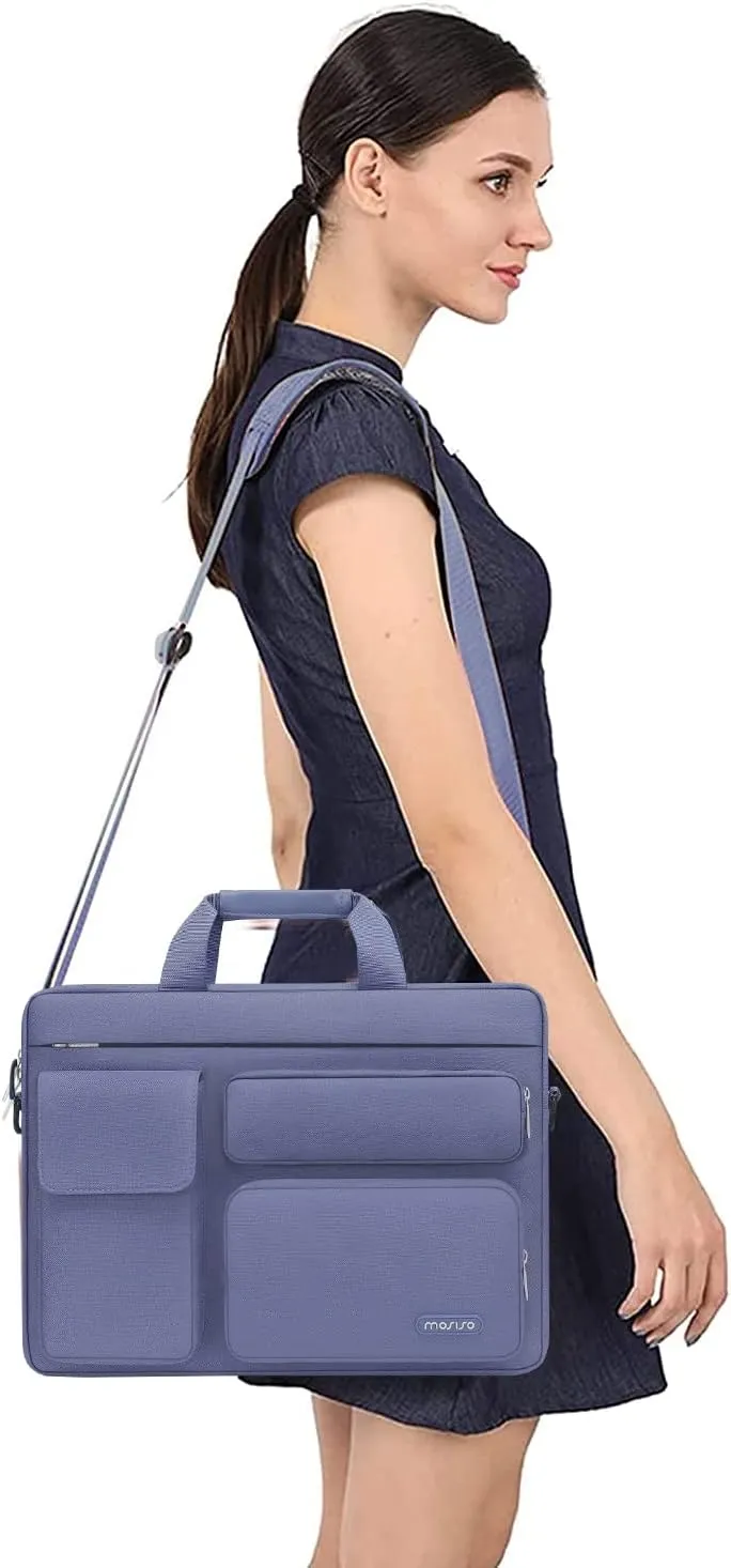 MOSISO Laptop Shoulder Bag Compatible with MacBook Air 15 M4 M3 M2/Pro 16 inch M4 M3 M2 M1,15-15.6 inch Notebook with 2 Raised&1 Flapover&1 Horizontal Pocket&Handle&Belt, Lavender Gray