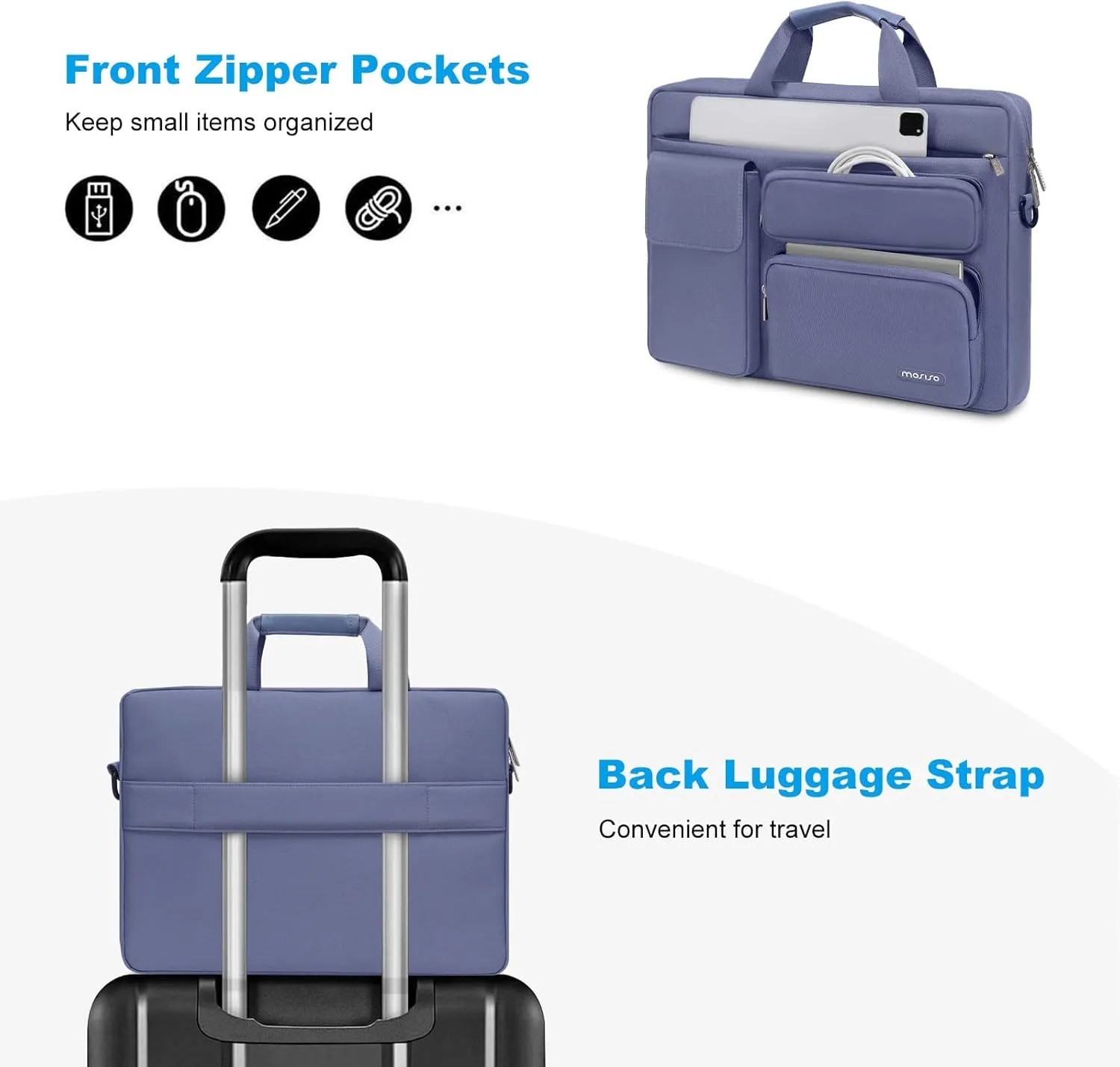 MOSISO Laptop Shoulder Bag Compatible with MacBook Air 15 M4 M3 M2/Pro 16 inch M4 M3 M2 M1,15-15.6 inch Notebook with 2 Raised&1 Flapover&1 Horizontal Pocket&Handle&Belt, Lavender Gray
