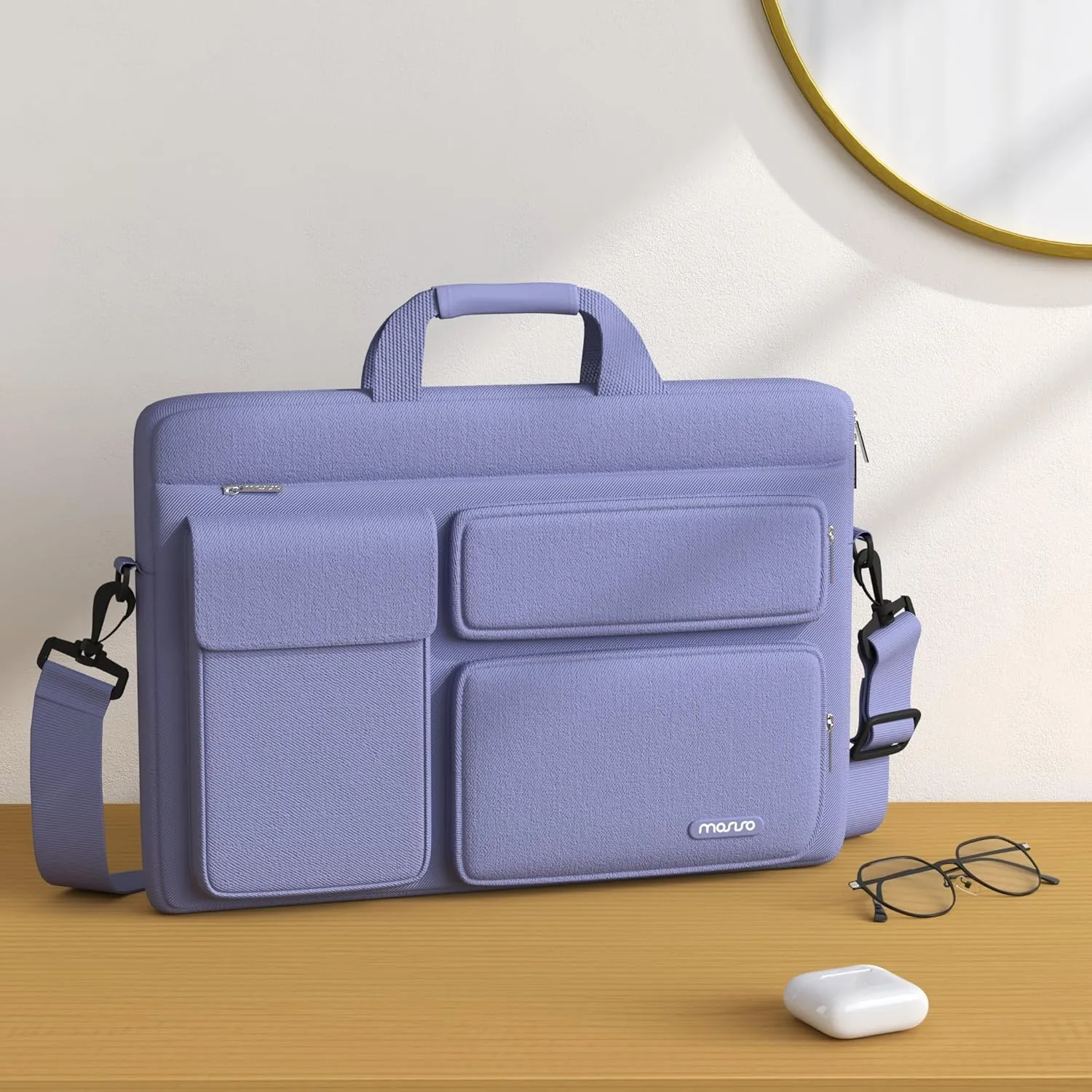 MOSISO Laptop Shoulder Bag Compatible with MacBook Air 15 M4 M3 M2/Pro 16 inch M4 M3 M2 M1,15-15.6 inch Notebook with 2 Raised&1 Flapover&1 Horizontal Pocket&Handle&Belt, Lavender Gray