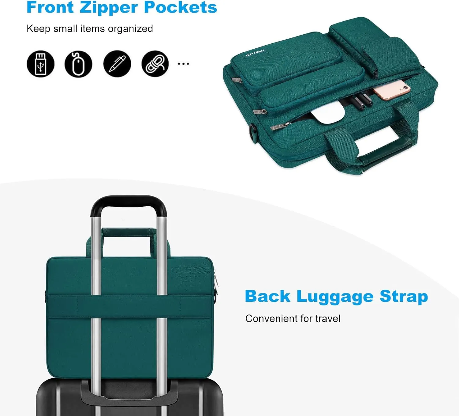 MOSISO Laptop Shoulder Bag Compatible with MacBook Air 15 M4 M3 M2/Pro 16 inch M4 M3 M2 M1,15-15.6 inch Notebook with 2 Raised&1 Flapover&1 Horizontal Pocket&Handle&Belt, Teal Green