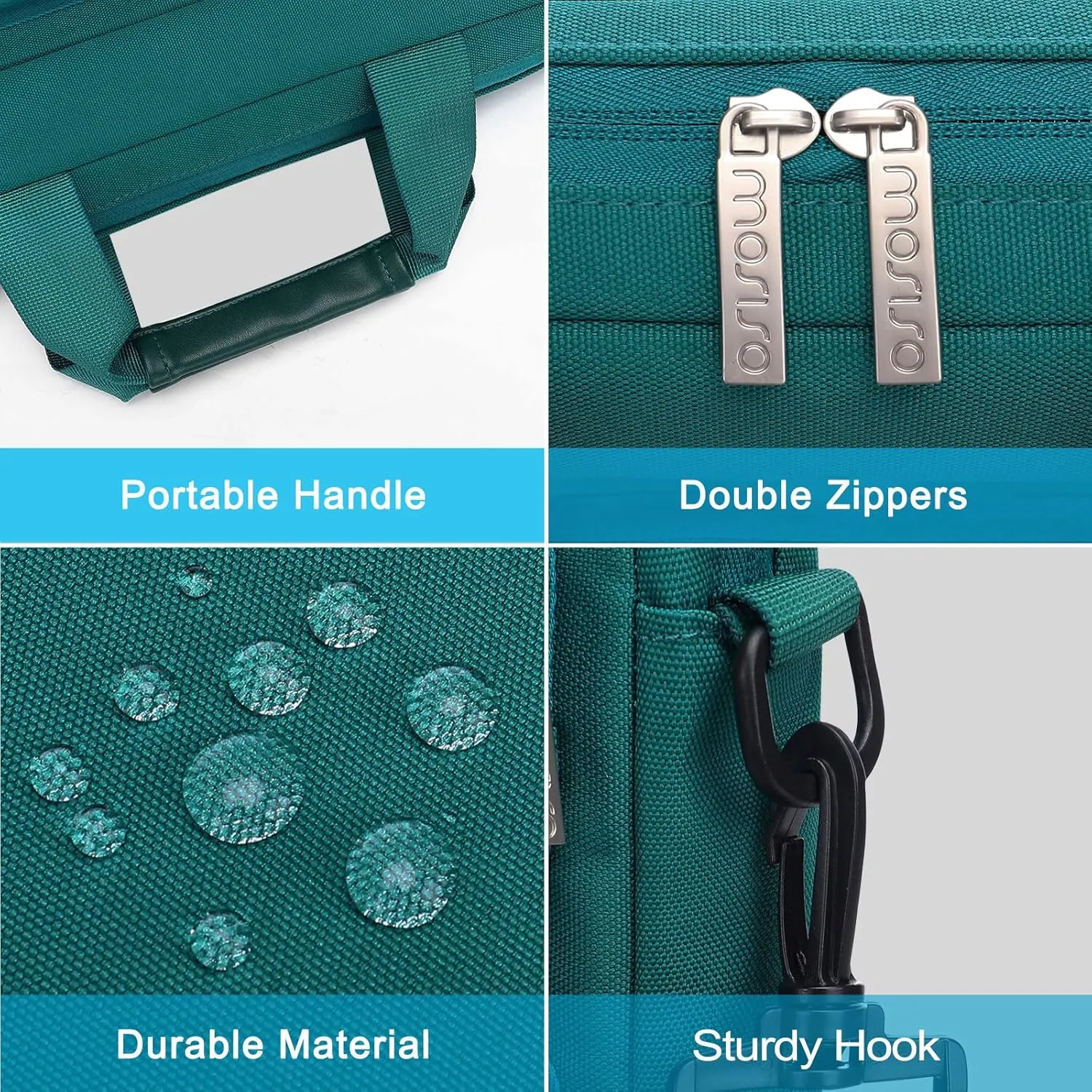 MOSISO Laptop Shoulder Bag Compatible with MacBook Air 15 M4 M3 M2/Pro 16 inch M4 M3 M2 M1,15-15.6 inch Notebook with 2 Raised&1 Flapover&1 Horizontal Pocket&Handle&Belt, Teal Green