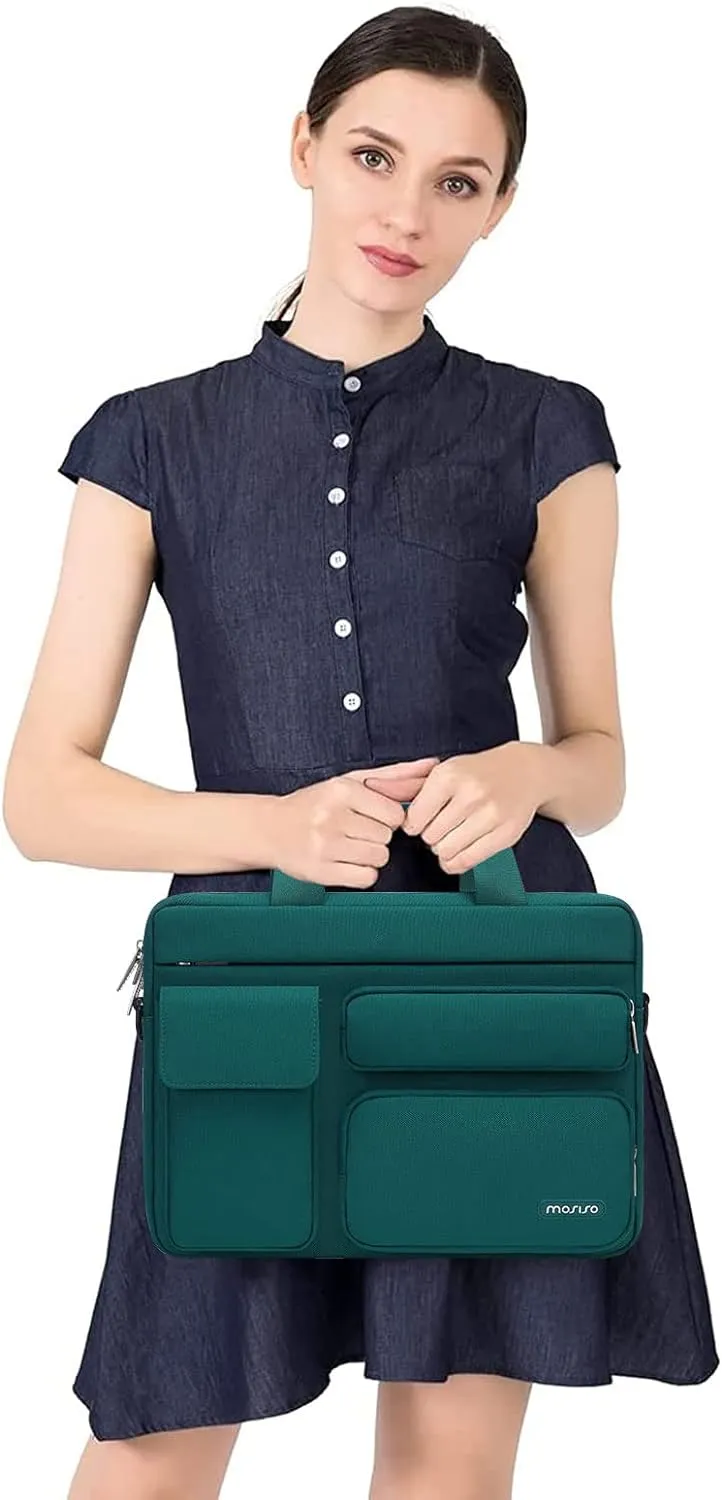 MOSISO Laptop Shoulder Bag Compatible with MacBook Air 15 M4 M3 M2/Pro 16 inch M4 M3 M2 M1,15-15.6 inch Notebook with 2 Raised&1 Flapover&1 Horizontal Pocket&Handle&Belt, Teal Green