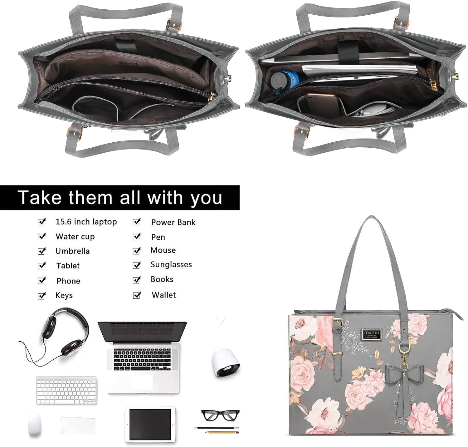 MOSISO Laptop Tote Bag Compatible with MacBook Air 15 inch M2 A2941/Pro 16 M3 M2 M1, 15-15.6 inch Notebook, Peony PU Leather Travel Work Briefcase with Detachable Bowknot & Small Purse, Grey