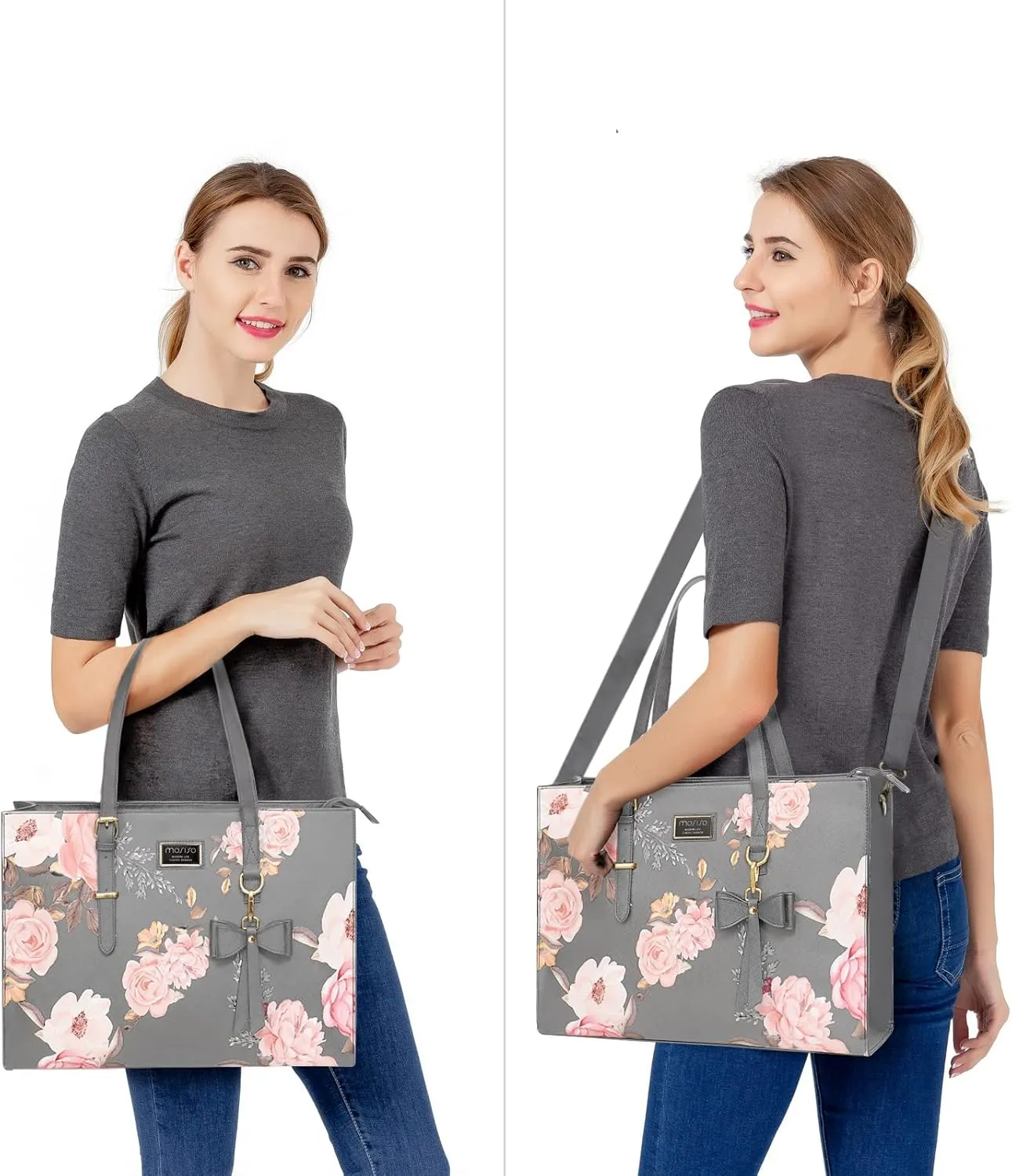MOSISO Laptop Tote Bag Compatible with MacBook Air 15 inch M2 A2941/Pro 16 M3 M2 M1, 15-15.6 inch Notebook, Peony PU Leather Travel Work Briefcase with Detachable Bowknot & Small Purse, Grey