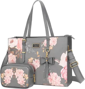 MOSISO Laptop Tote Bag Compatible with MacBook Air 15 inch M2 A2941/Pro 16 M3 M2 M1, 15-15.6 inch Notebook, Peony PU Leather Travel Work Briefcase with Detachable Bowknot & Small Purse, Grey