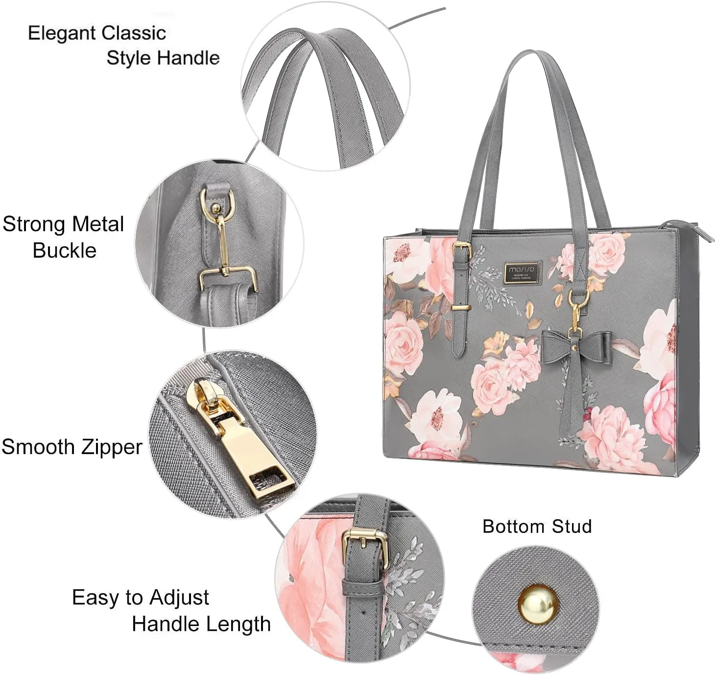 MOSISO Laptop Tote Bag Compatible with MacBook Air 15 inch M2 A2941/Pro 16 M3 M2 M1, 15-15.6 inch Notebook, Peony PU Leather Travel Work Briefcase with Detachable Bowknot & Small Purse, Grey