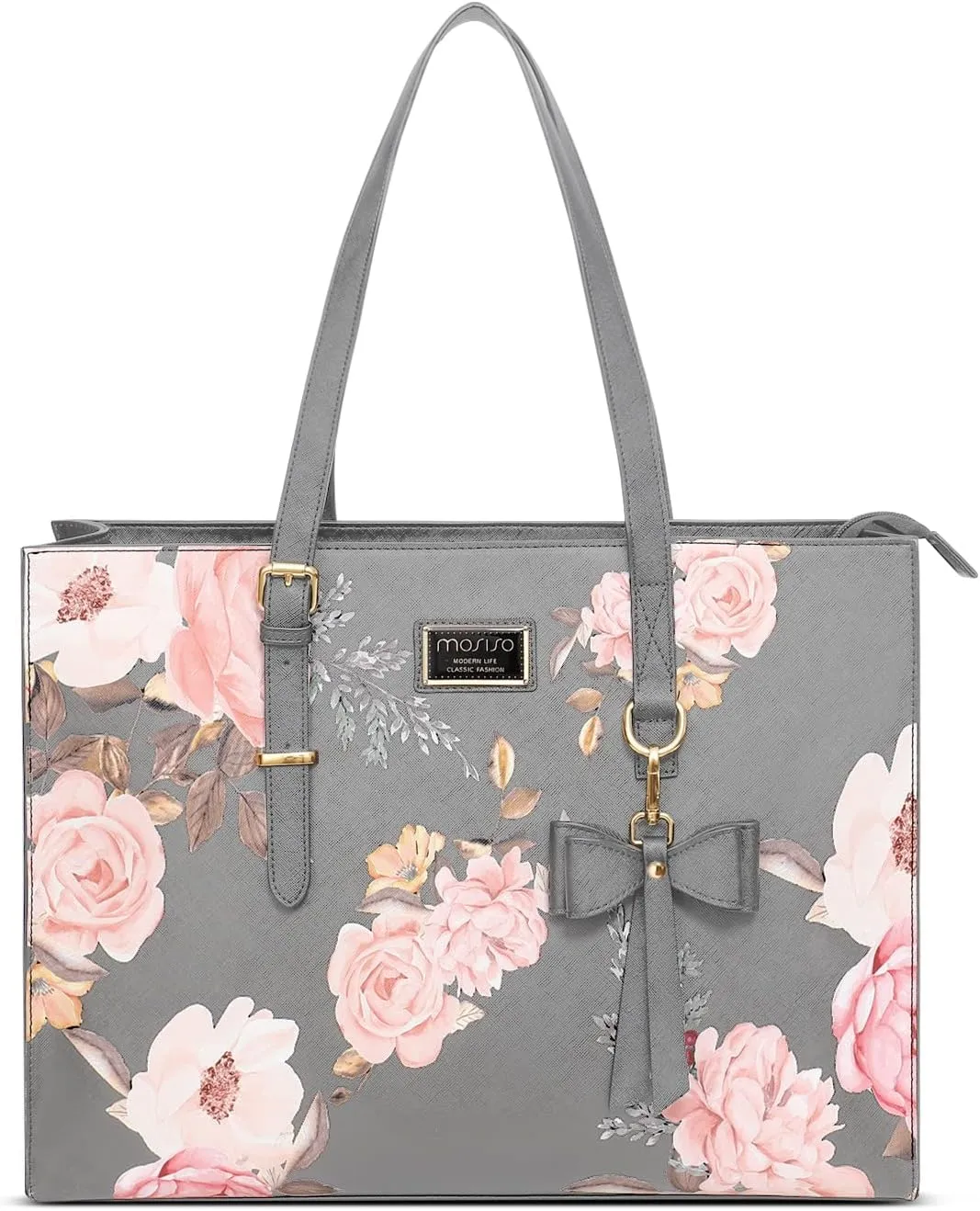 MOSISO Laptop Tote Bag Compatible with MacBook Air 15 inch M2 A2941/Pro 16 M3 M2 M1, 15-15.6 inch Notebook, Peony PU Leather Travel Work Briefcase with Detachable Bowknot & Small Purse, Grey