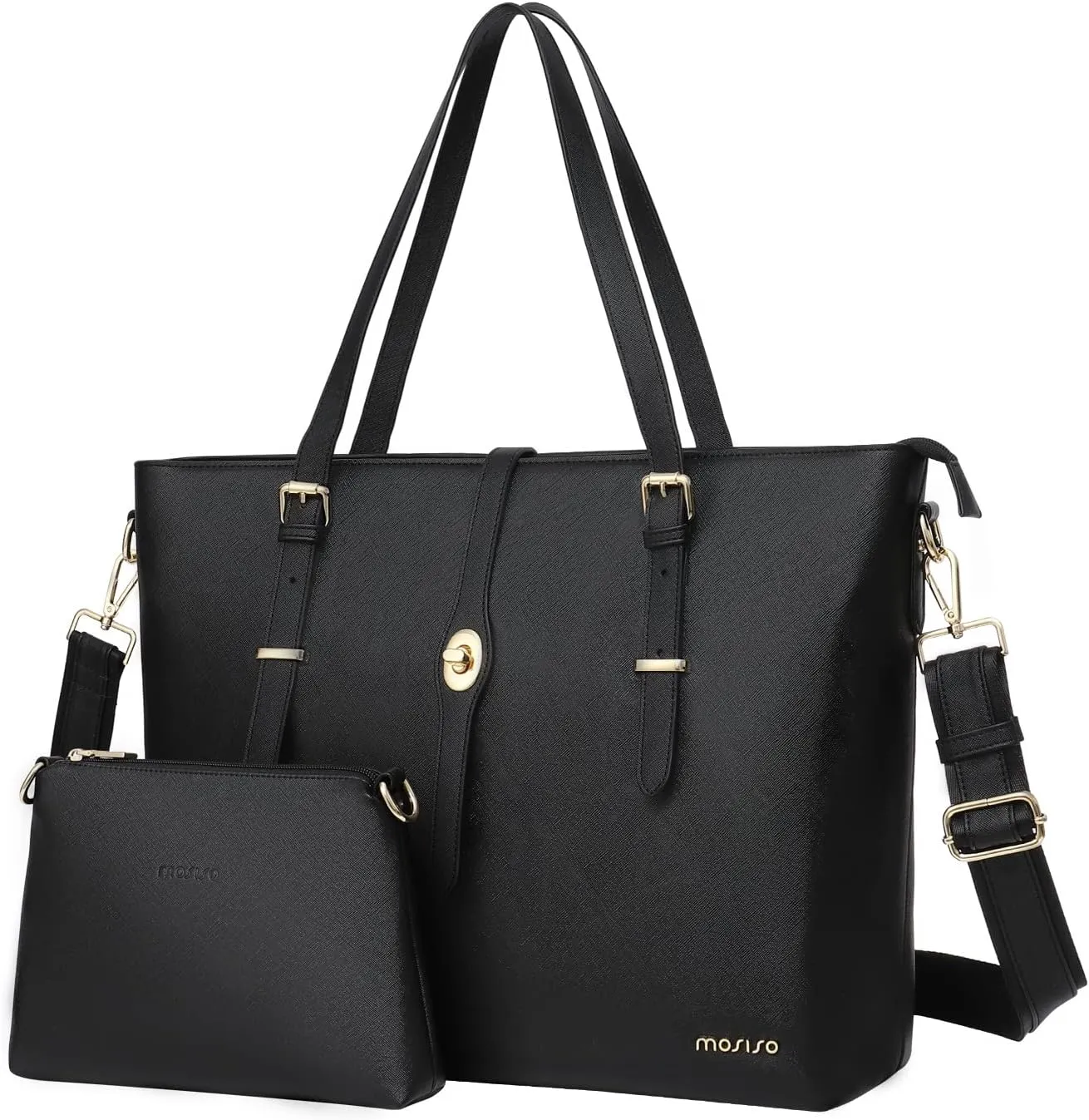 MOSISO Laptop Tote Bag Compatible with MacBook Pro 16 inch M4 M3 M2 M1 2025-2019, 15-15.6 inch PU Leather Briefcase with Middle Button & Small Purse&Shoulder Strap, Black