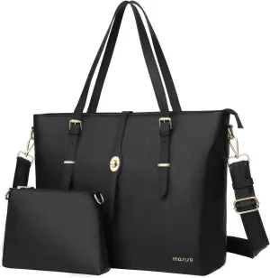 MOSISO Laptop Tote Bag Compatible with MacBook Pro 16 inch M4 M3 M2 M1 2025-2019, 15-15.6 inch PU Leather Briefcase with Middle Button & Small Purse&Shoulder Strap, Black