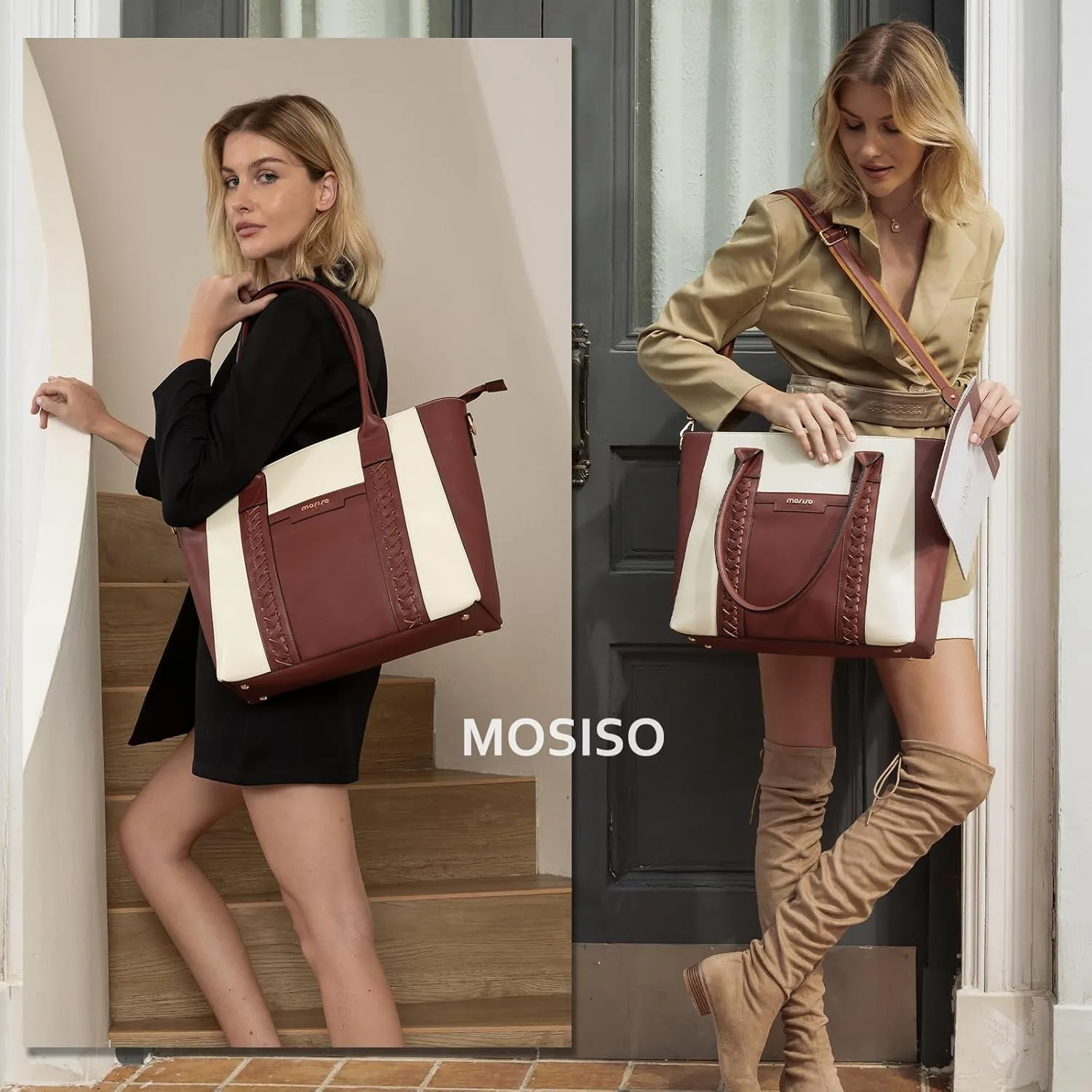 MOSISO Laptop Tote Bag for Women, 15.6 inch PU Leather Work Bag with Double Weave Strips & Clutch Purse, Waterproof Computer Briefcase Shoulder Handbag for Business Office, Brown