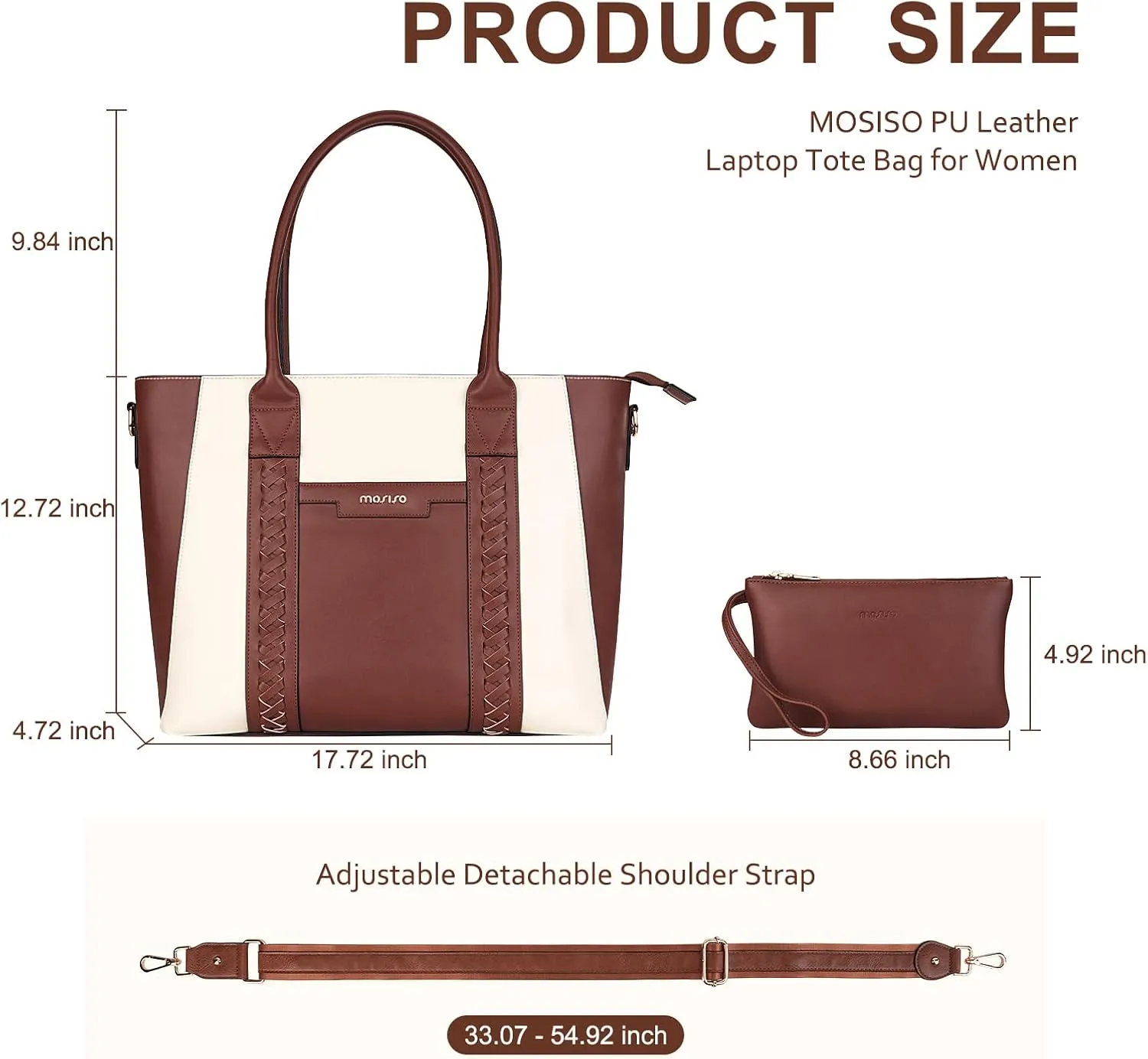 MOSISO Laptop Tote Bag for Women, 15.6 inch PU Leather Work Bag with Double Weave Strips & Clutch Purse, Waterproof Computer Briefcase Shoulder Handbag for Business Office, Brown