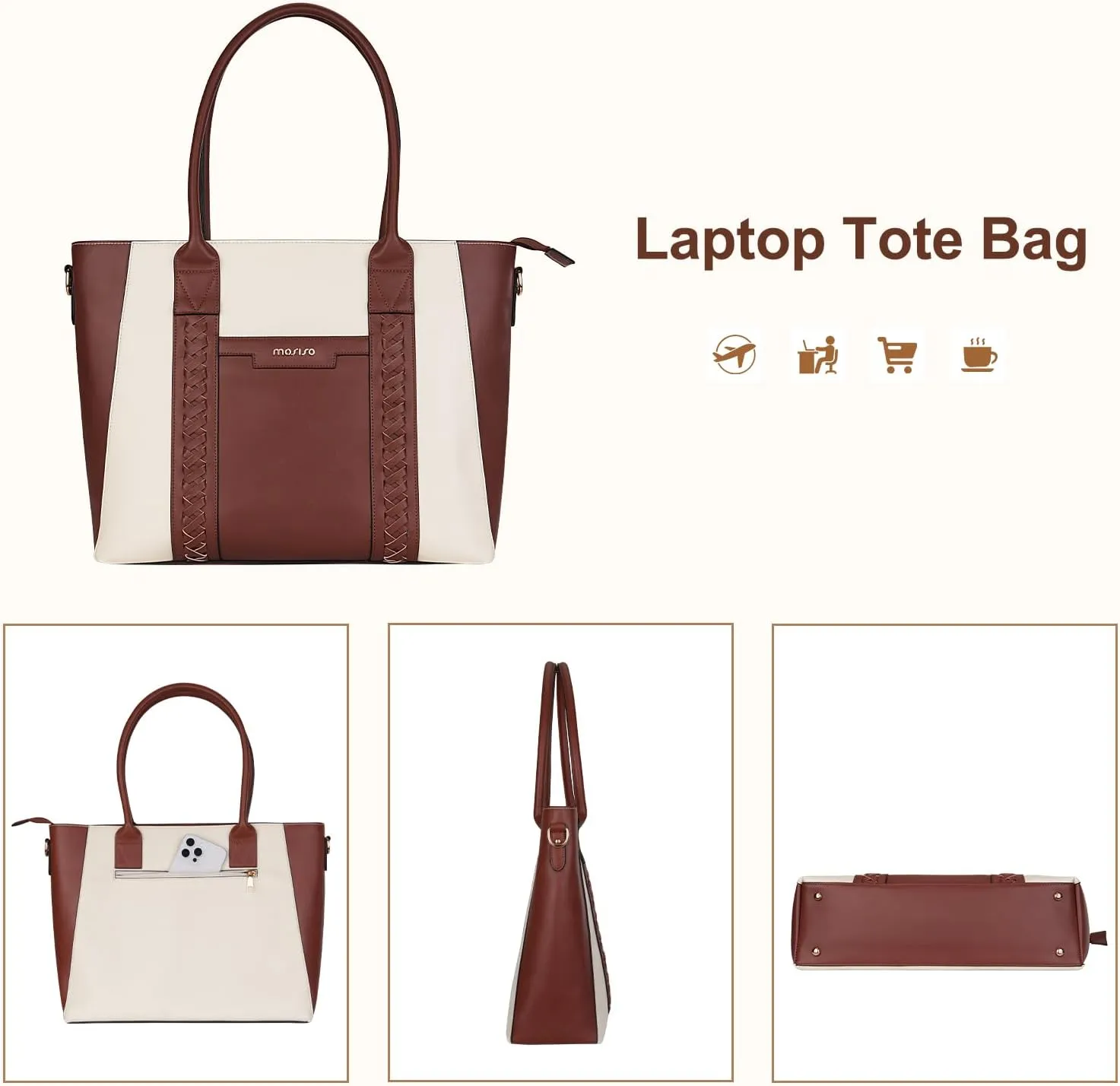 MOSISO Laptop Tote Bag for Women, 15.6 inch PU Leather Work Bag with Double Weave Strips & Clutch Purse, Waterproof Computer Briefcase Shoulder Handbag for Business Office, Brown