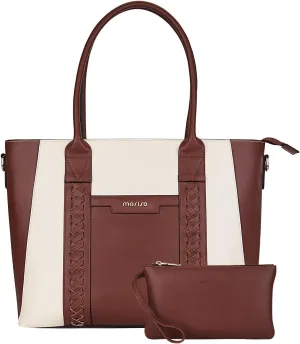 MOSISO Laptop Tote Bag for Women, 15.6 inch PU Leather Work Bag with Double Weave Strips & Clutch Purse, Waterproof Computer Briefcase Shoulder Handbag for Business Office, Brown