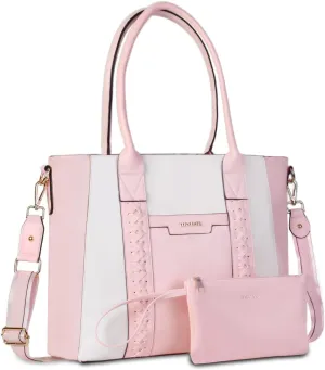MOSISO Laptop Tote Bag for Women, 15.6 inch PU Leather Work Bag with Double Weave Strips & Clutch Purse, Waterproof Computer Briefcase Shoulder Handbag for Business Office, Pink