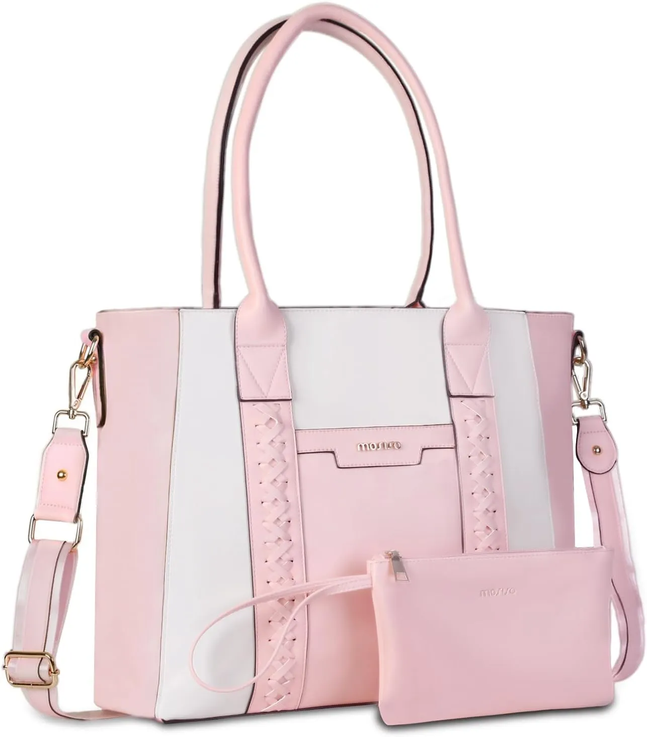 MOSISO Laptop Tote Bag for Women, 15.6 inch PU Leather Work Bag with Double Weave Strips & Clutch Purse, Waterproof Computer Briefcase Shoulder Handbag for Business Office, Pink