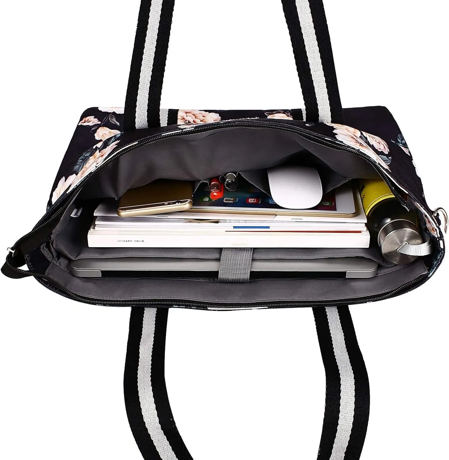 MOSISO Laptop Tote Bag for Women (17-17.3 inch), Canvas Camellia Multifunctional Work Travel Shopping Duffel Carrying Shoulder Handbag, Black