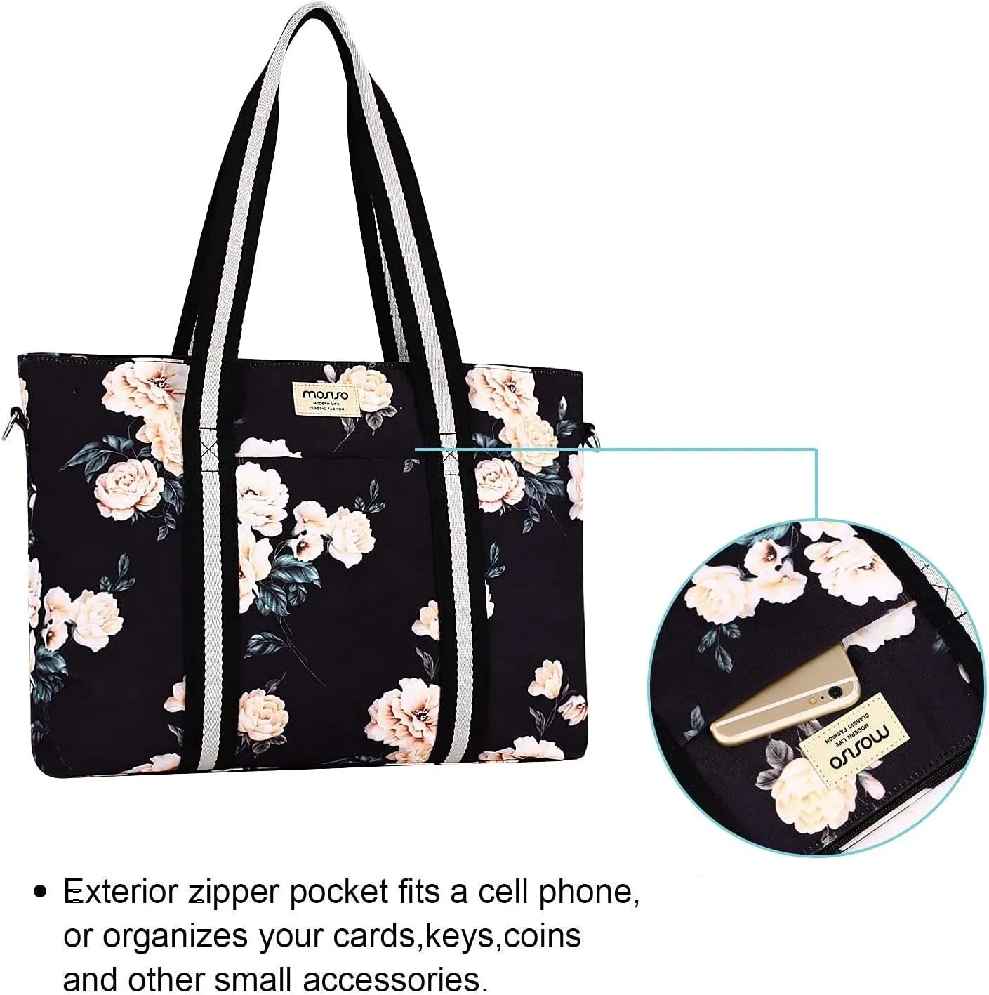MOSISO Laptop Tote Bag for Women (17-17.3 inch), Canvas Camellia Multifunctional Work Travel Shopping Duffel Carrying Shoulder Handbag, Black