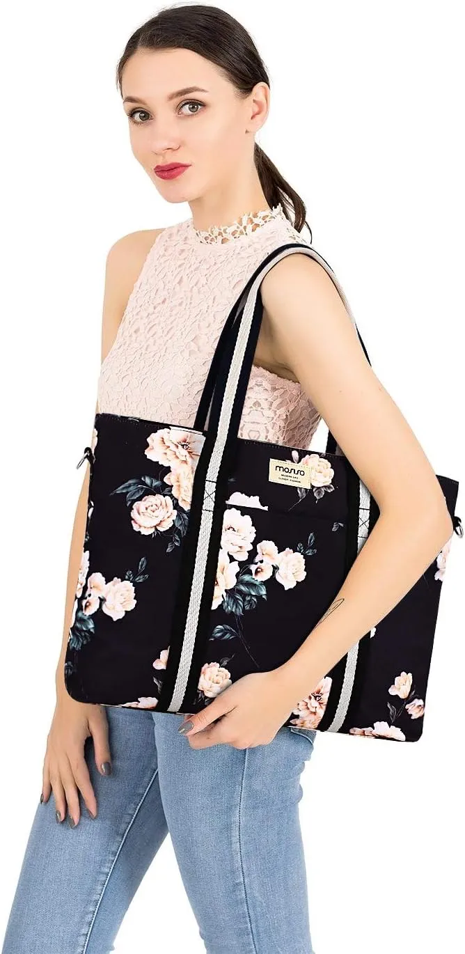 MOSISO Laptop Tote Bag for Women (17-17.3 inch), Canvas Camellia Multifunctional Work Travel Shopping Duffel Carrying Shoulder Handbag, Black