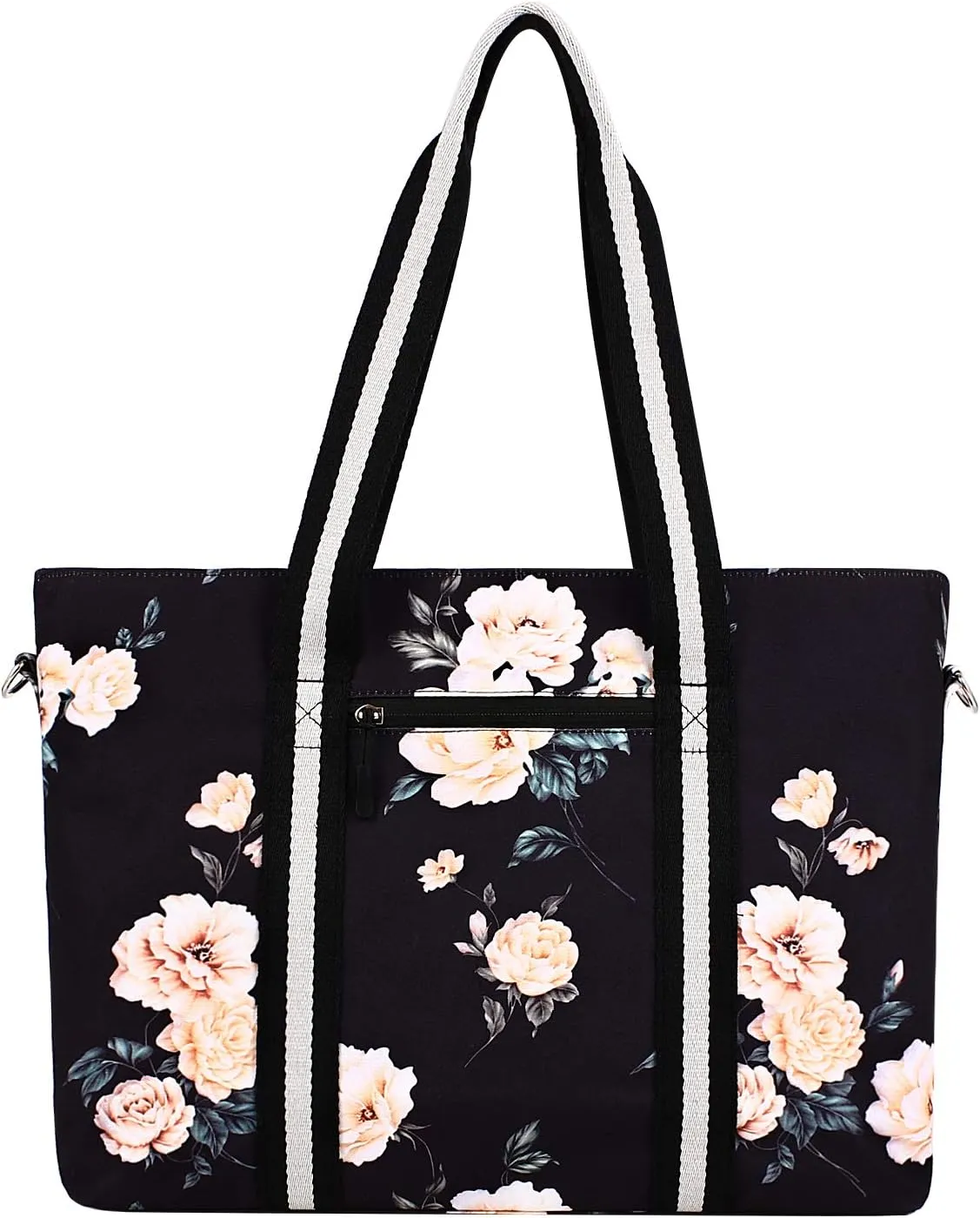 MOSISO Laptop Tote Bag for Women (17-17.3 inch), Canvas Camellia Multifunctional Work Travel Shopping Duffel Carrying Shoulder Handbag, Black