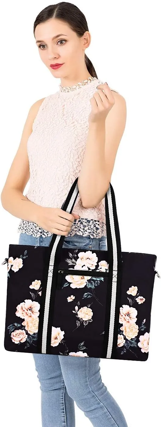 MOSISO Laptop Tote Bag for Women (17-17.3 inch), Canvas Camellia Multifunctional Work Travel Shopping Duffel Carrying Shoulder Handbag, Black