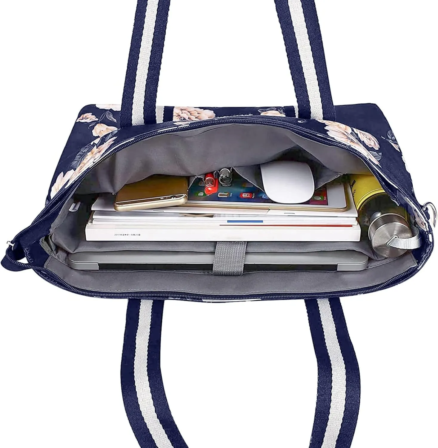 MOSISO Laptop Tote Bag for Women (17-17.3 inch), Canvas Camellia Multifunctional Work Travel Shopping Duffel Carrying Shoulder Handbag, Blue