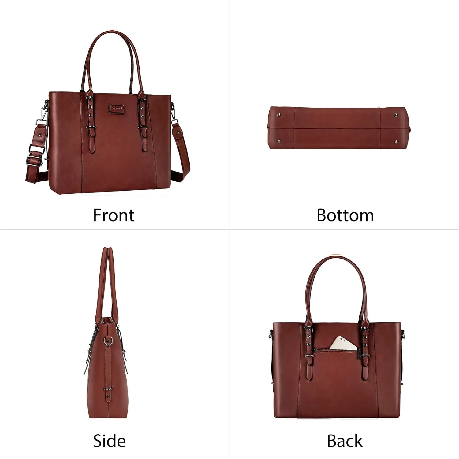 MOSISO PU Leather Laptop Tote Bag for Women (15-16 inch), Waterproof Large Capacity Business Work Briefcase Shoulder Laptop Bag, Brown