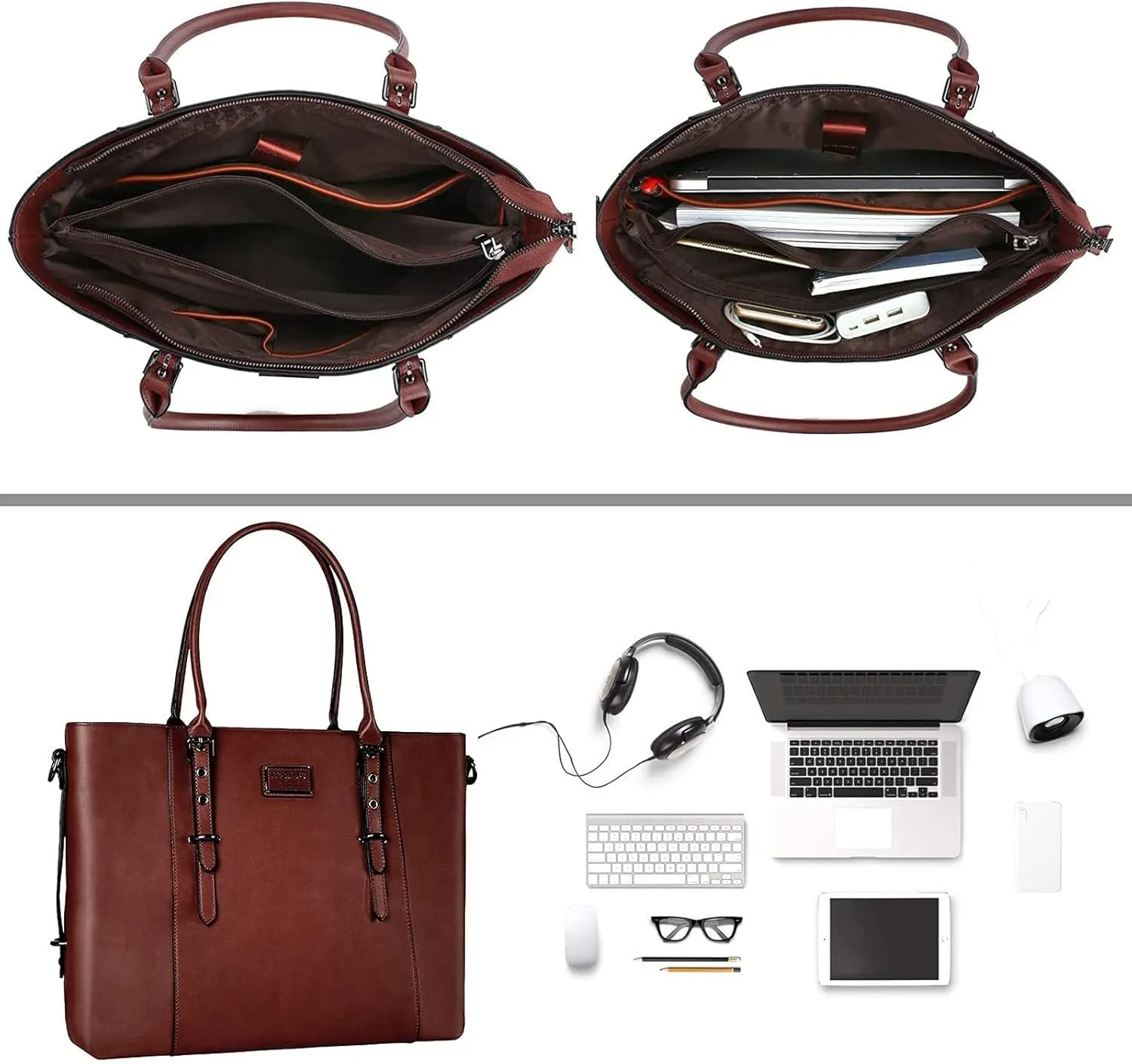 MOSISO PU Leather Laptop Tote Bag for Women (15-16 inch), Waterproof Large Capacity Business Work Briefcase Shoulder Laptop Bag, Brown