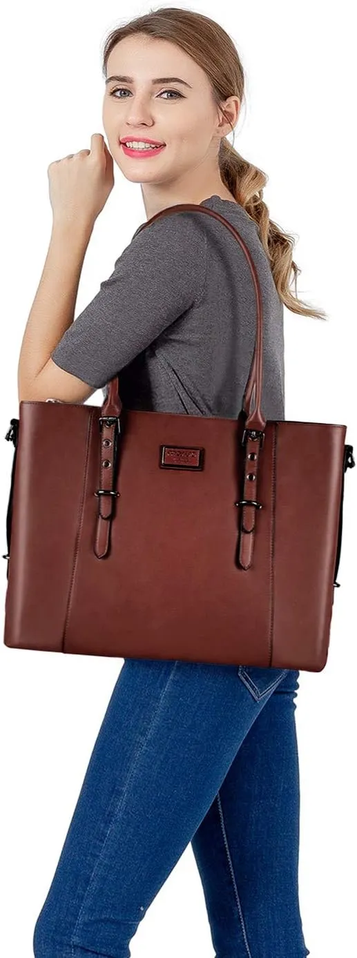 MOSISO PU Leather Laptop Tote Bag for Women (15-16 inch), Waterproof Large Capacity Business Work Briefcase Shoulder Laptop Bag, Brown