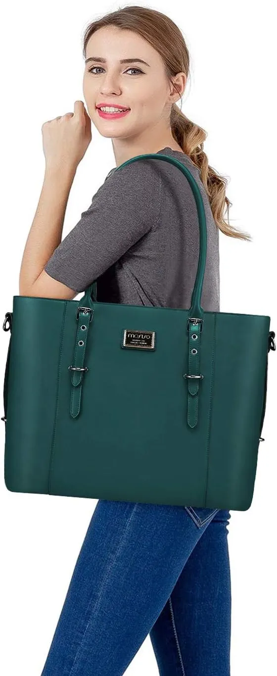 MOSISO PU Leather Laptop Tote Bag for Women (15-16 inch), Waterproof Large Capacity Business Work Briefcase Shoulder Laptop Bag, Deep Teal