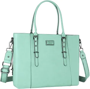 MOSISO PU Leather Laptop Tote Bag for Women (15-16 inch), Waterproof Large Capacity Business Work Briefcase Shoulder Laptop Bag, Mint Green