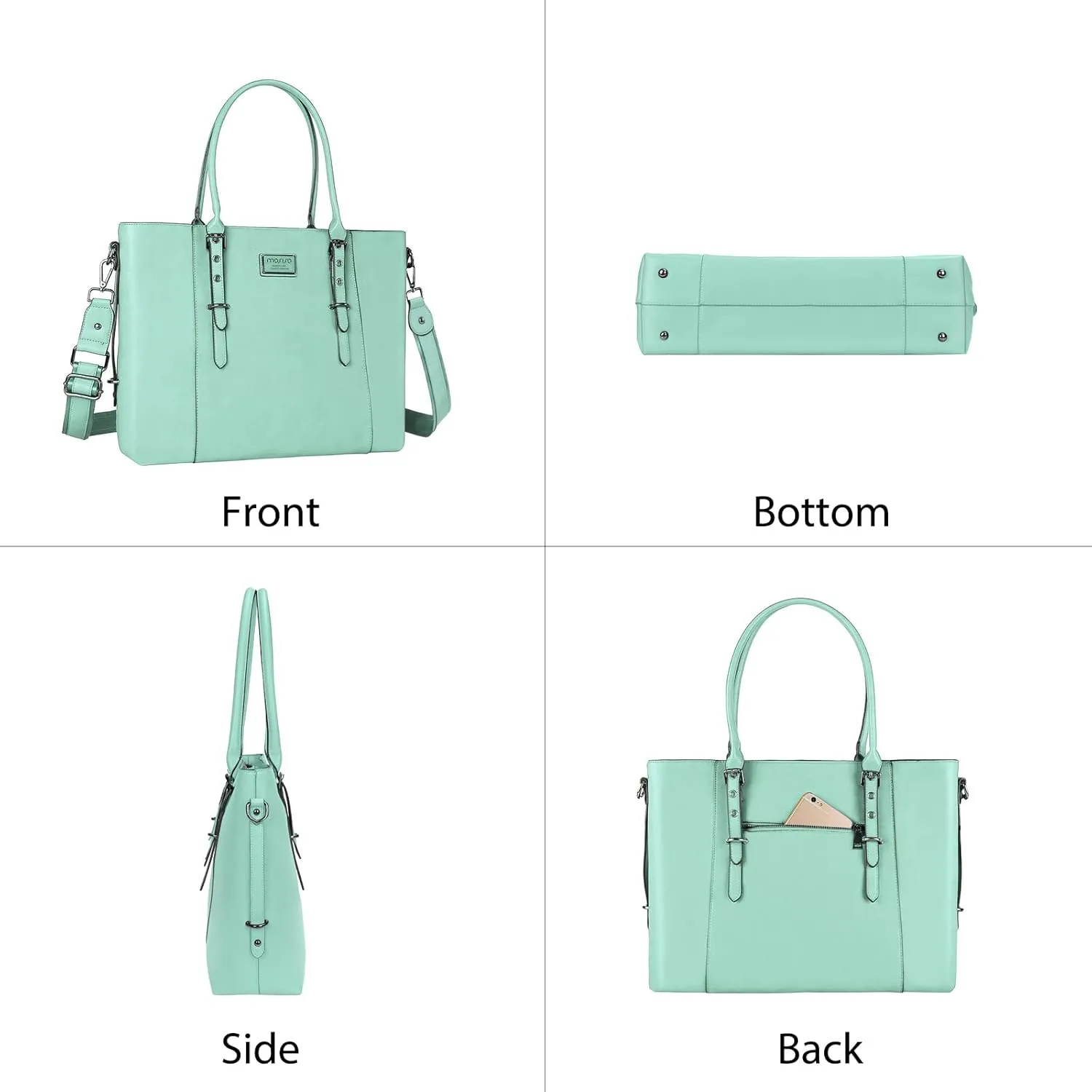 MOSISO PU Leather Laptop Tote Bag for Women (15-16 inch), Waterproof Large Capacity Business Work Briefcase Shoulder Laptop Bag, Mint Green