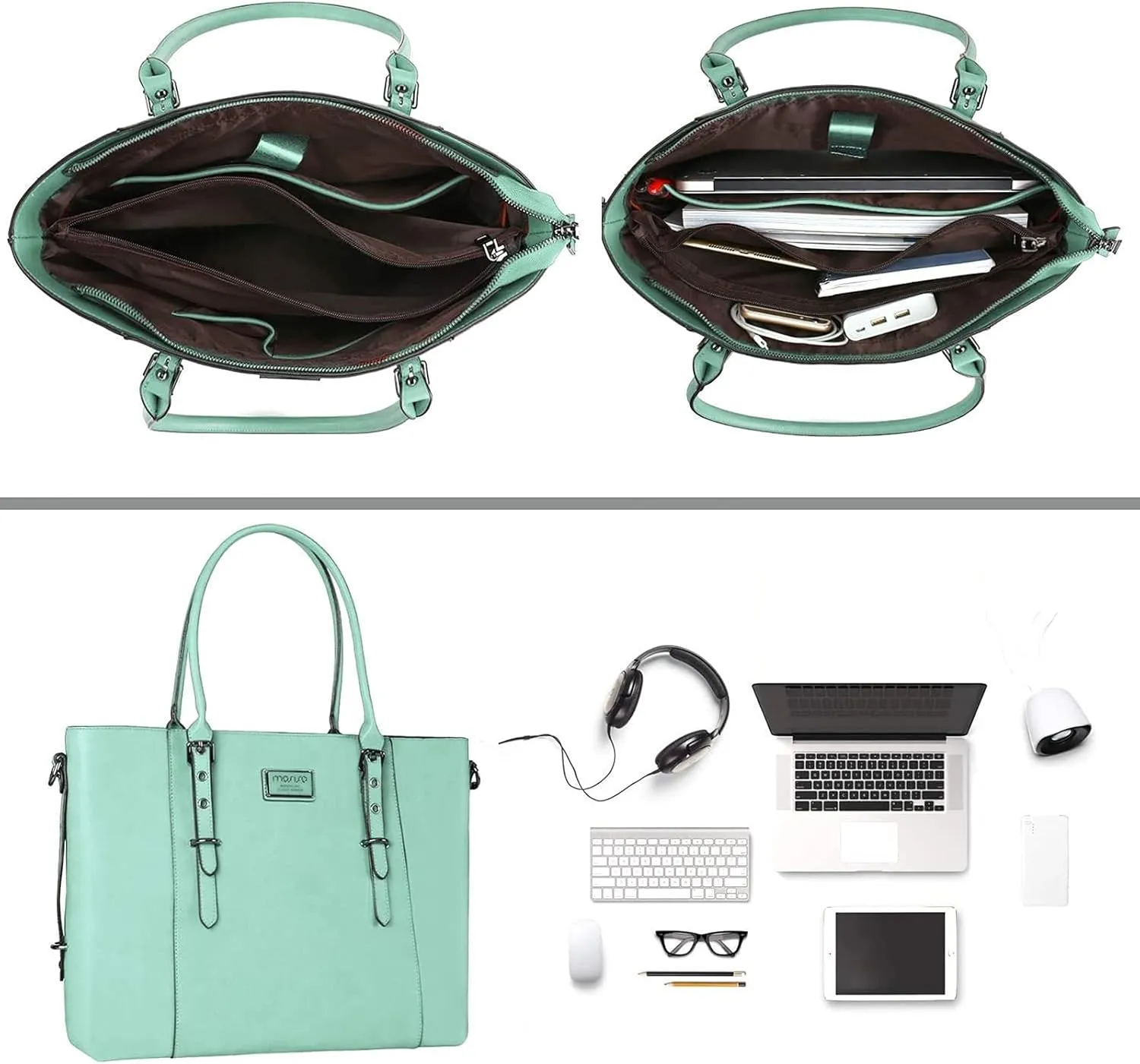 MOSISO PU Leather Laptop Tote Bag for Women (15-16 inch), Waterproof Large Capacity Business Work Briefcase Shoulder Laptop Bag, Mint Green