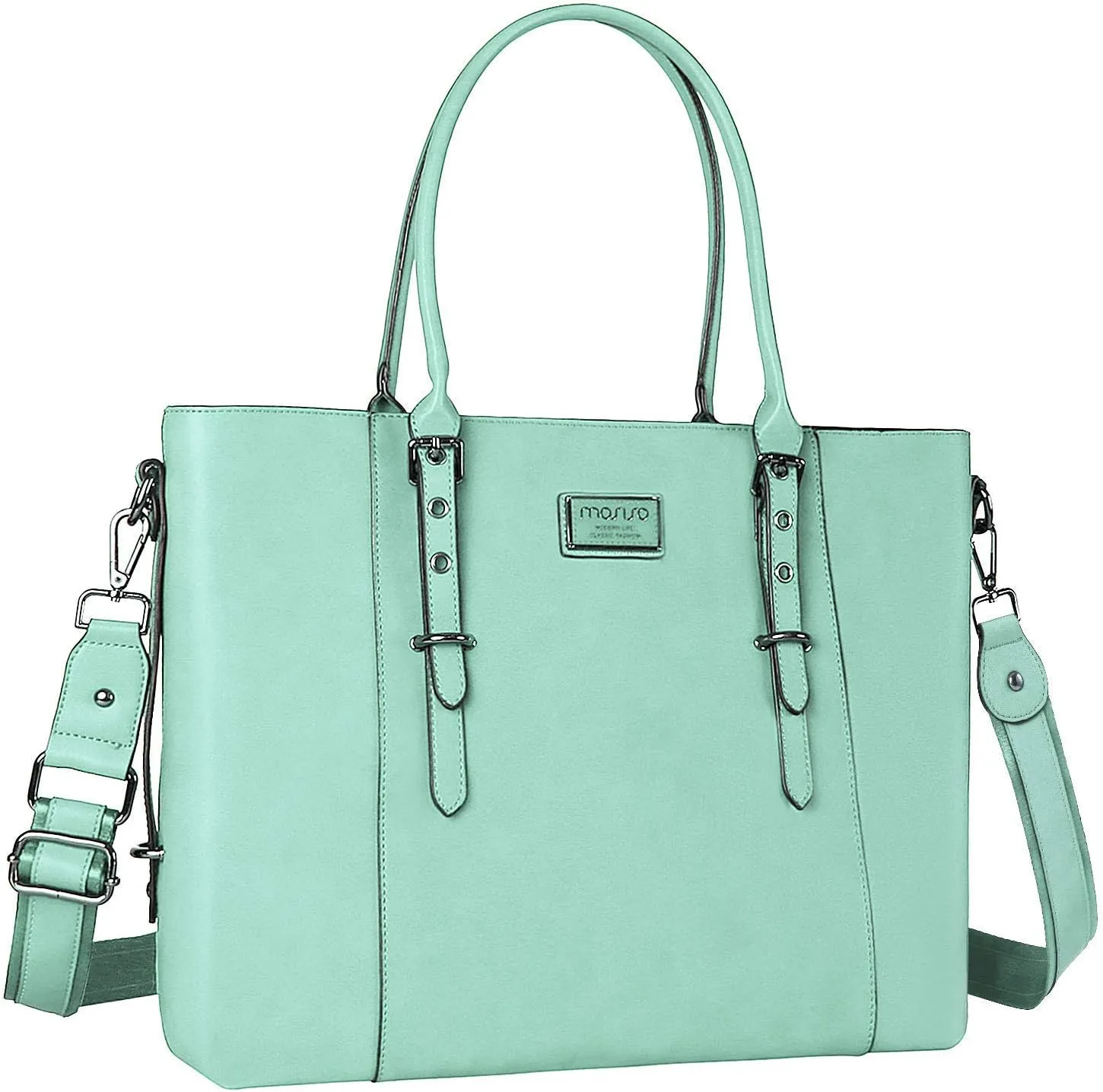 MOSISO PU Leather Laptop Tote Bag for Women (15-16 inch), Waterproof Large Capacity Business Work Briefcase Shoulder Laptop Bag, Mint Green