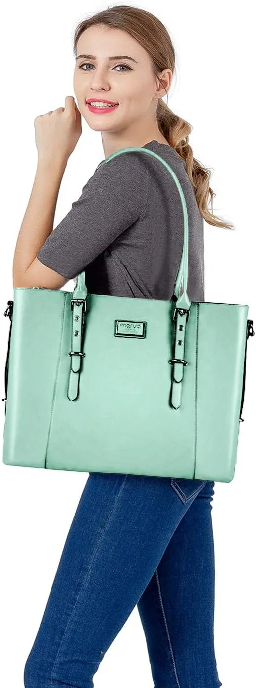 MOSISO PU Leather Laptop Tote Bag for Women (15-16 inch), Waterproof Large Capacity Business Work Briefcase Shoulder Laptop Bag, Mint Green