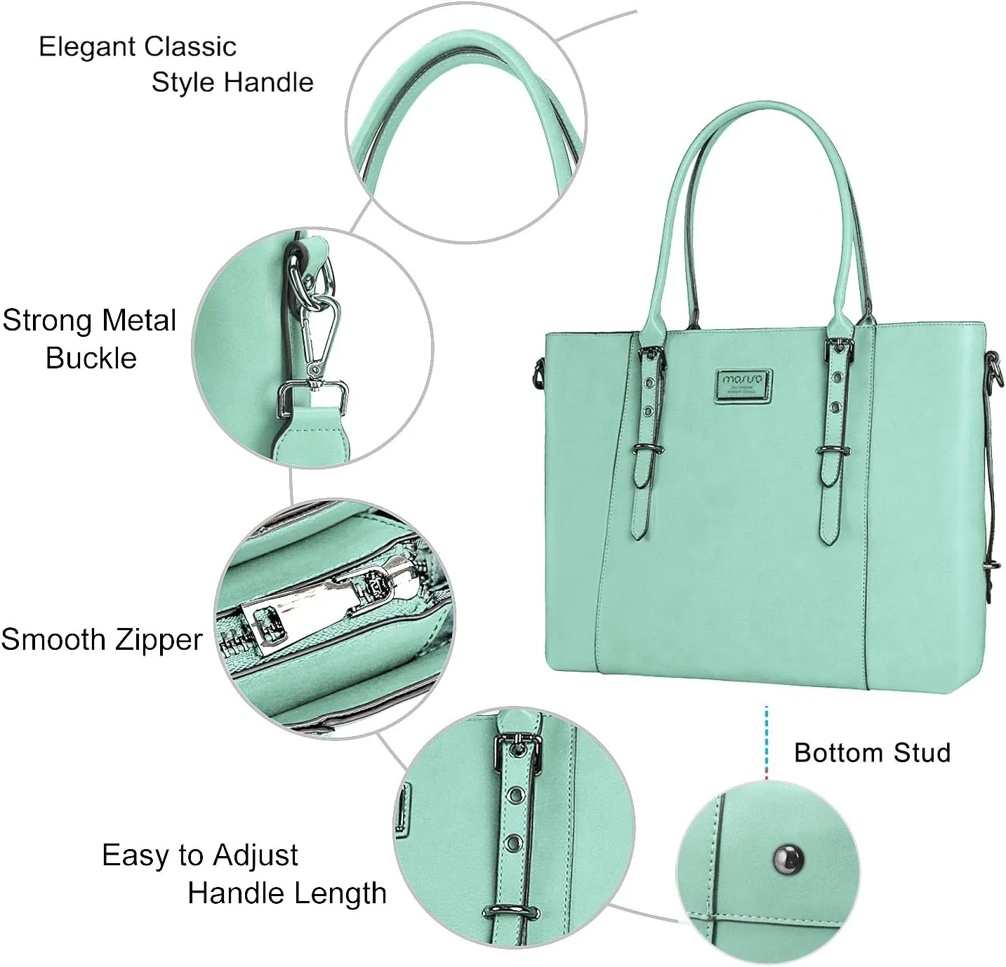 MOSISO PU Leather Laptop Tote Bag for Women (15-16 inch), Waterproof Large Capacity Business Work Briefcase Shoulder Laptop Bag, Mint Green
