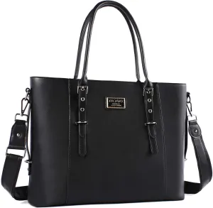 MOSISO PU Leather Laptop Tote Bag for Women (17-17.3 inch), Waterproof Large Capacity Business Work Briefcase Shoulder Laptop Bag, Black
