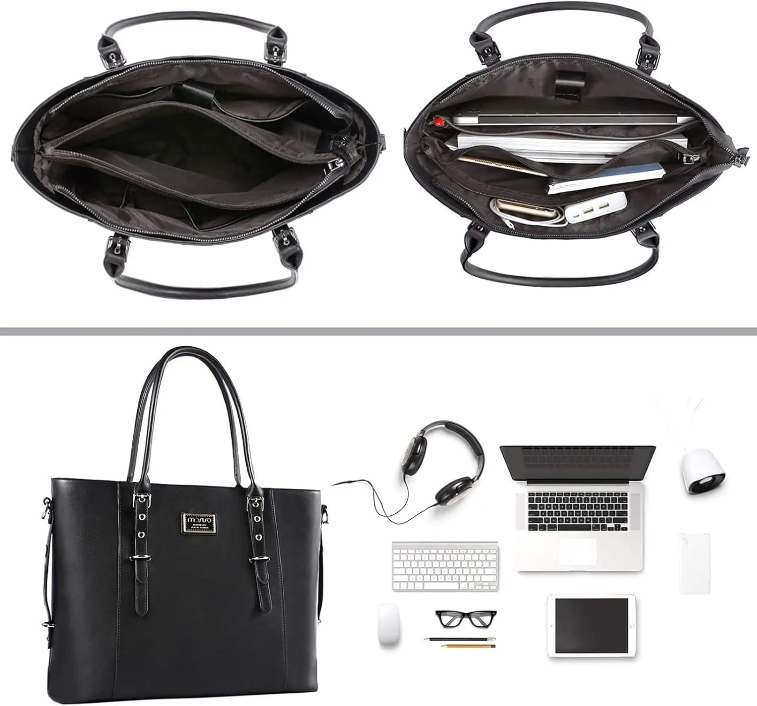 MOSISO PU Leather Laptop Tote Bag for Women (17-17.3 inch), Waterproof Large Capacity Business Work Briefcase Shoulder Laptop Bag, Black
